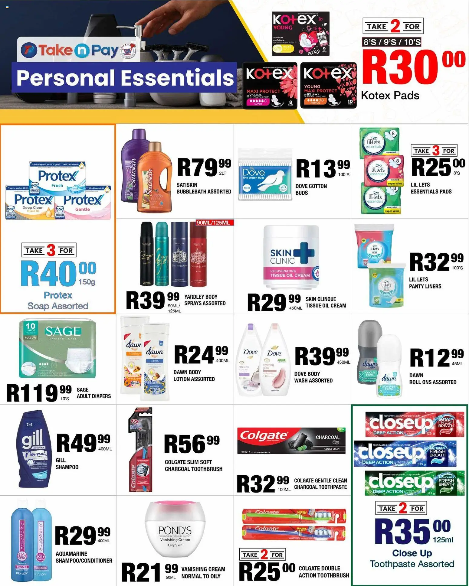 New Take n Pay catalogue – valid from 27.10.2025 | Page: 16 | Products: Pads, Toothpaste, Toothbrush, Lotion