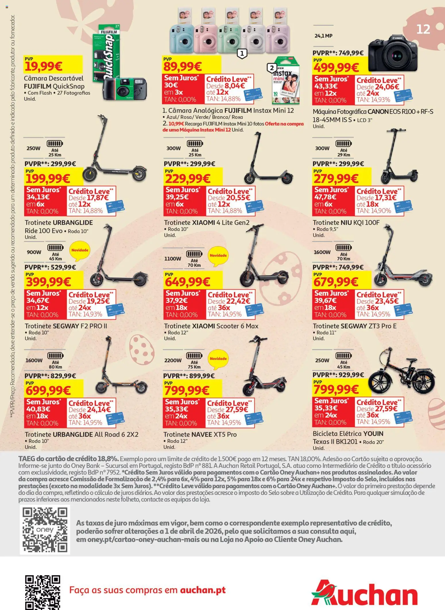 Auchan - Tecno Páscoa │ válido de 13.03.2026 | Página: 12 | Produtos: Faca, Bicicleta, Trotinete, Máquina fotográfica