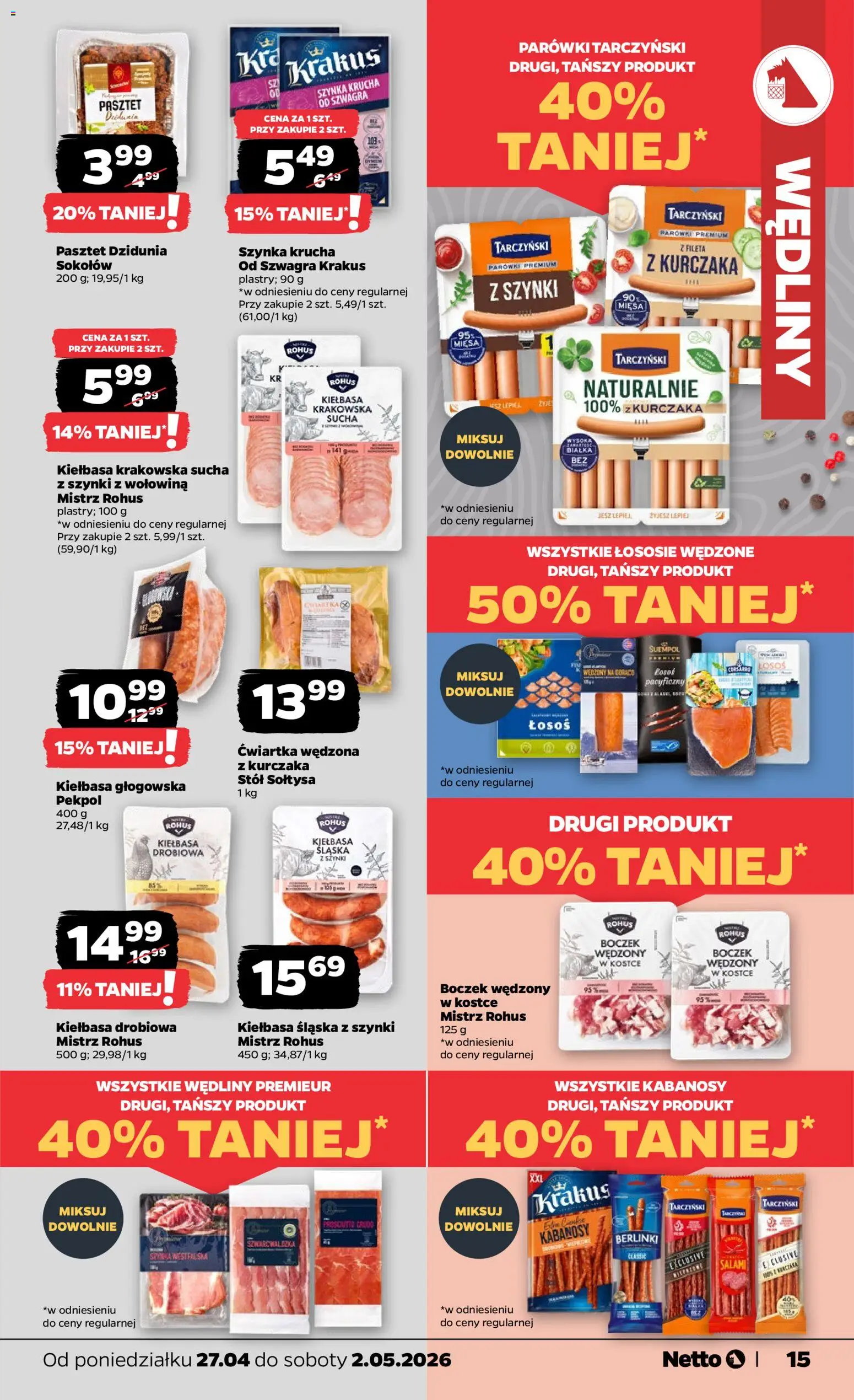 Netto gazetka od poniedziałku spożywcza od 27.04.2026 | Strona: 15 | Produkty: Boczek wędzony, Kiełbasa krakowska, Kiełbasa śląska, Salami