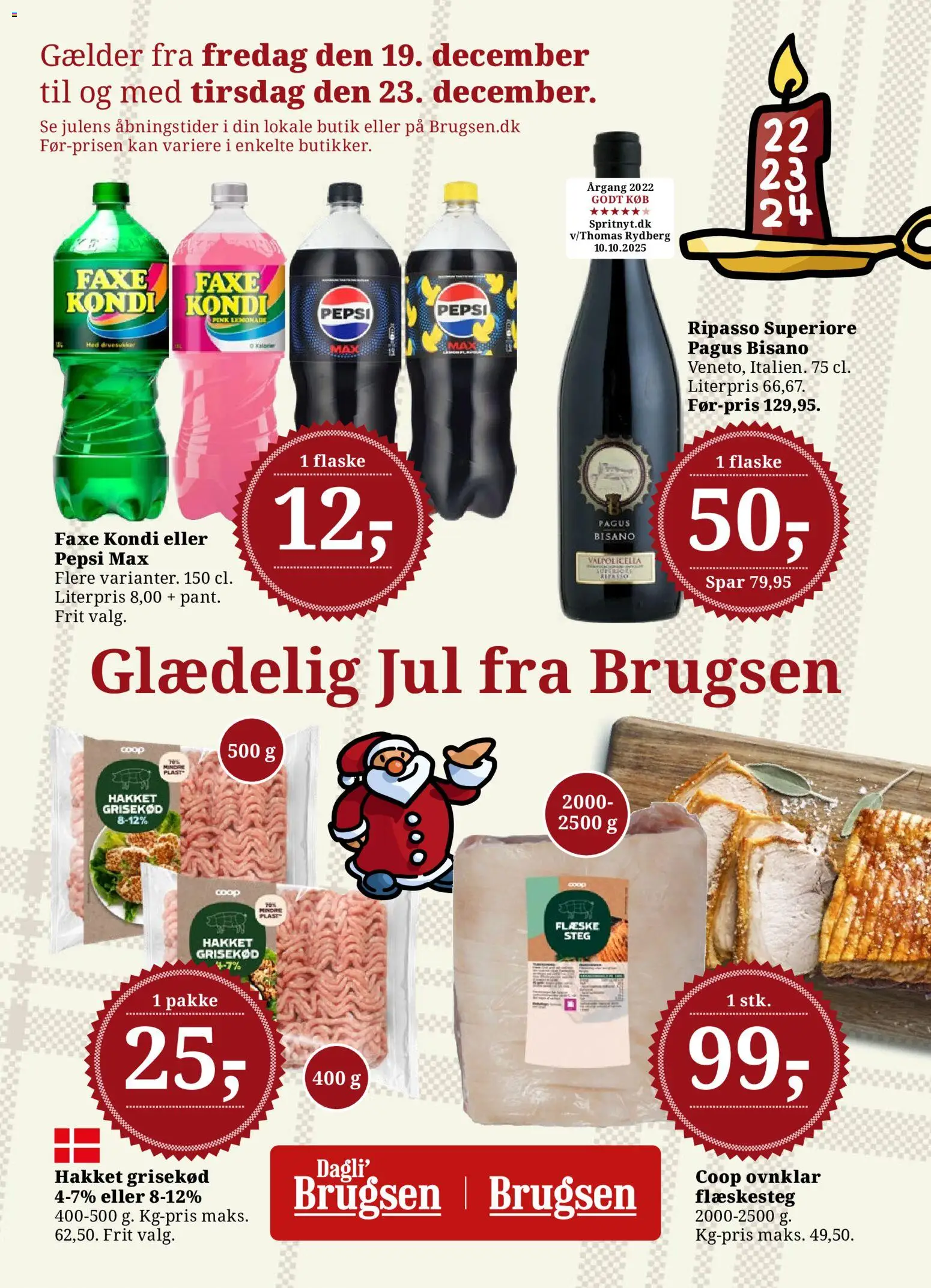 Dagli'Brugsen tilbudsavis – gyldig fra 19.12.2025 | Side: 1 | Produkter: Flæskesteg, Faxe Kondi, Pepsi, Pepsi Max