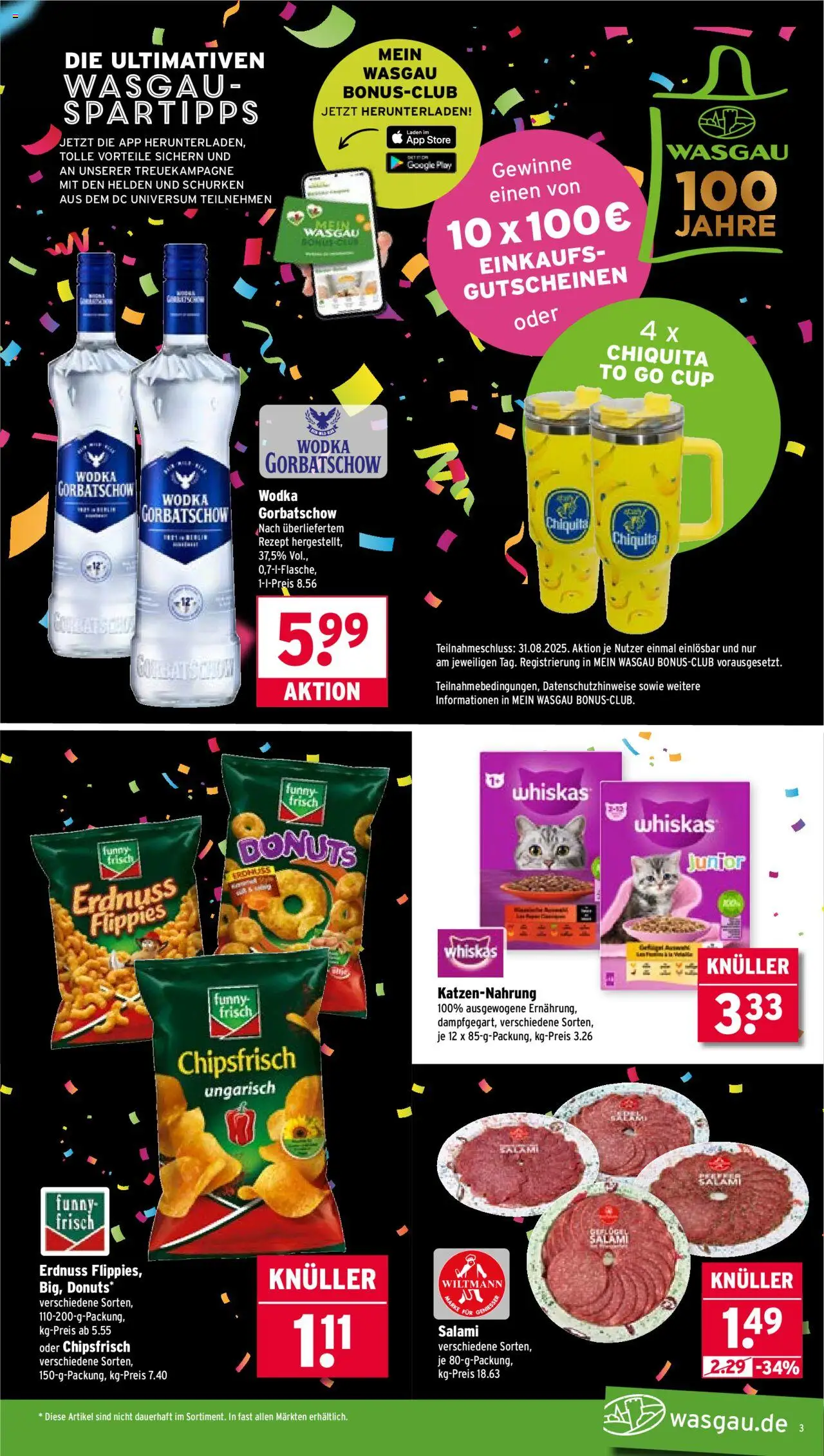 Wasgau Prospekt 	 - gültig ab dem 25.08.2025 | Seite: 3 | Produkte: Donuts, Wodka gorbatschow, Salami, Whiskas