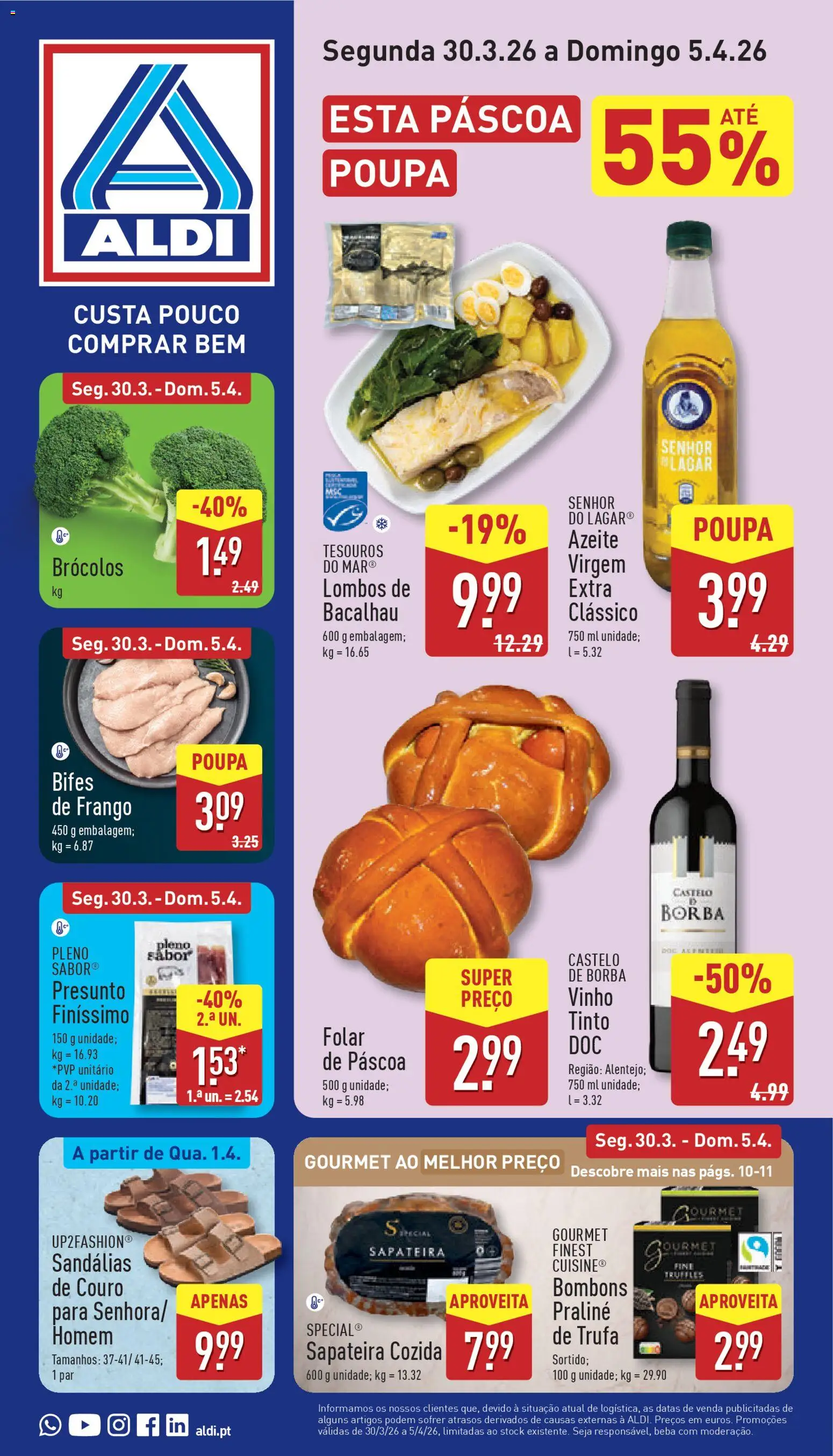 Aldi folheto │ válido de 30.03.2026 | Página: 1 | Produtos: Bacalhau, Presunto, Vinho, Sapateira