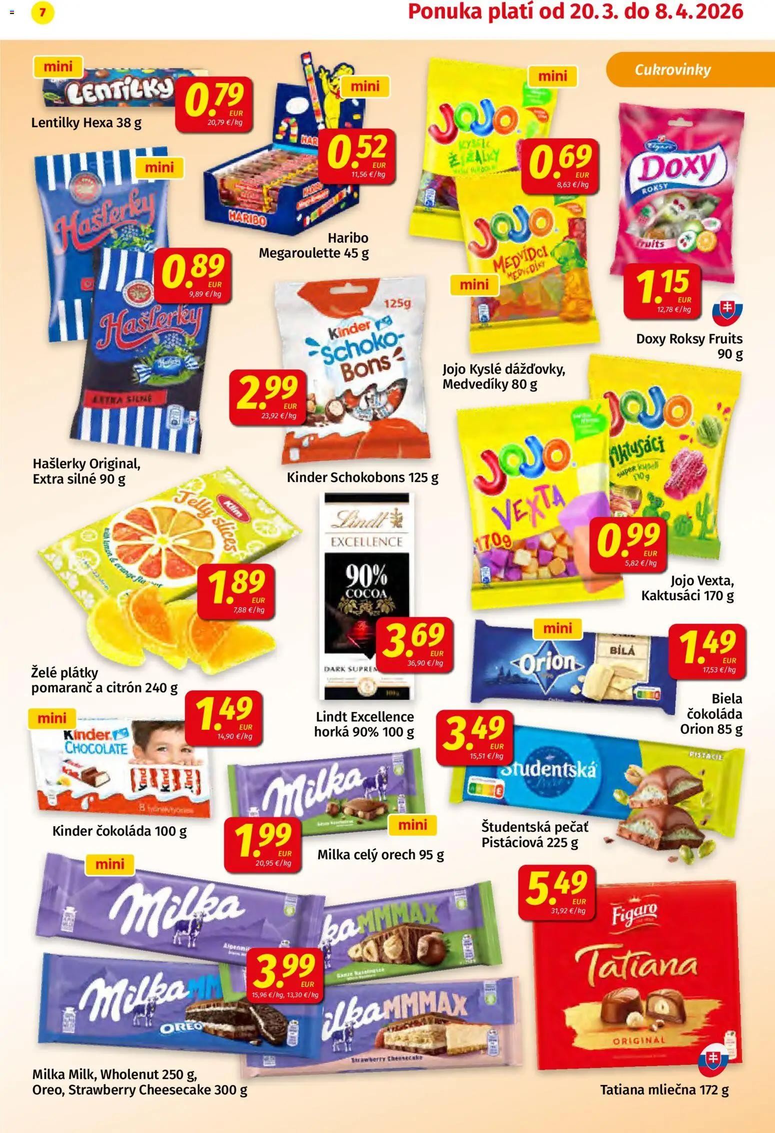 Nové Koruna akcie – leták je platný od 20.03.2026 | Strana: 7 | Produkty: Čokoláda, Študentská pečať, Milka, Pistácie