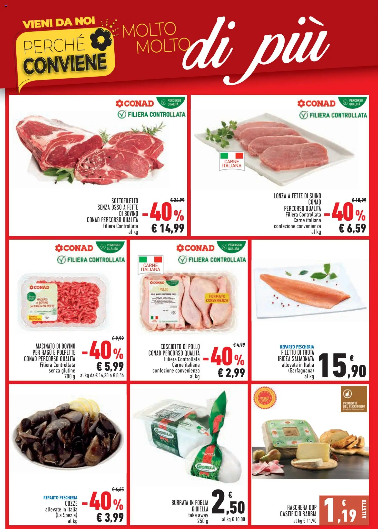 Volantino Conad del 08.04.2026 | Pagina: 2 | Prodotti: Bovino, Pollo, Cozze, Burrata