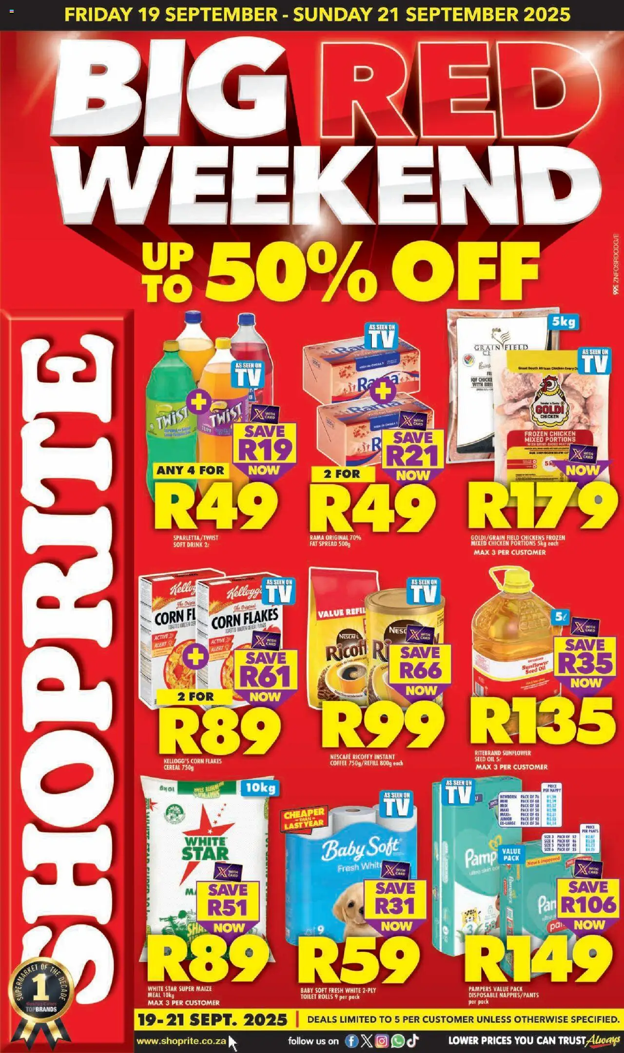 New Shoprite catalogue – valid from 19.09.2025 | Page: 1 | Products: Pants, Maize meal, Chicken, Fat spread