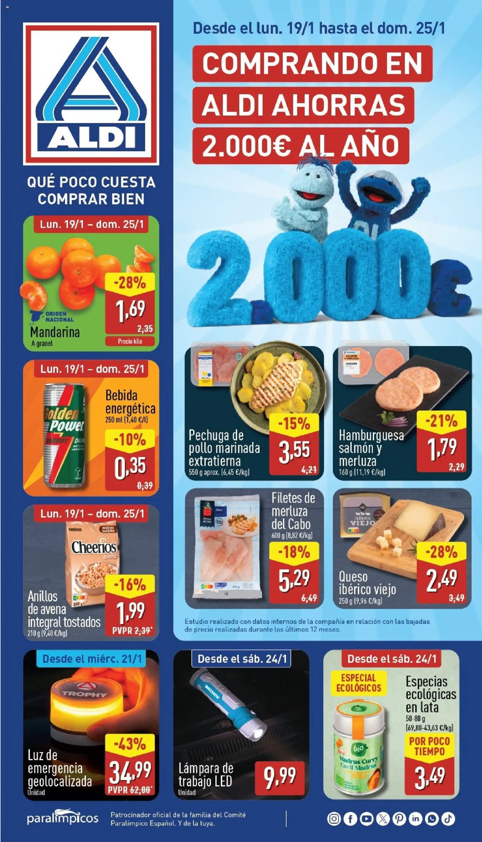 Aldi folleto Baleares │ válido desde el 19.01.2026 | Página: 1 | Productos: Queso, Filetes de merluza, Σοκολατούχο γάλα, Lámpara