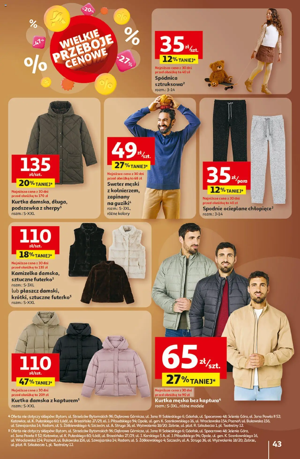 Auchan Gazetka - Wielkie przeboje cenowe Hipermarket od 23.10.2025 | Strona: 43 | Produkty: Sweter, Kurtka, Płaszcz, Spodnie