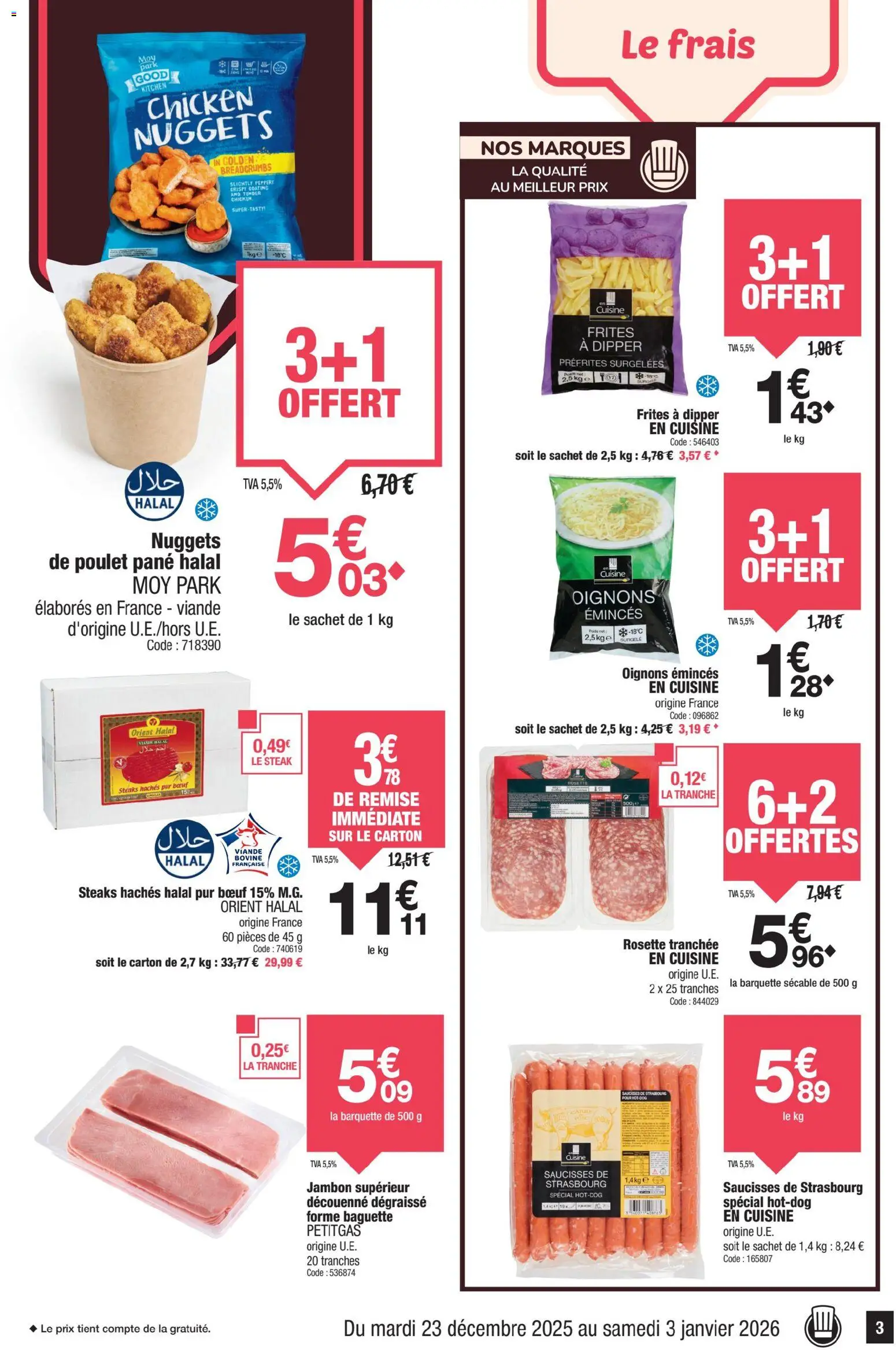 {H1} | Page: 3 | Produits: Frites, Jambon, Oignons, Viande bovine