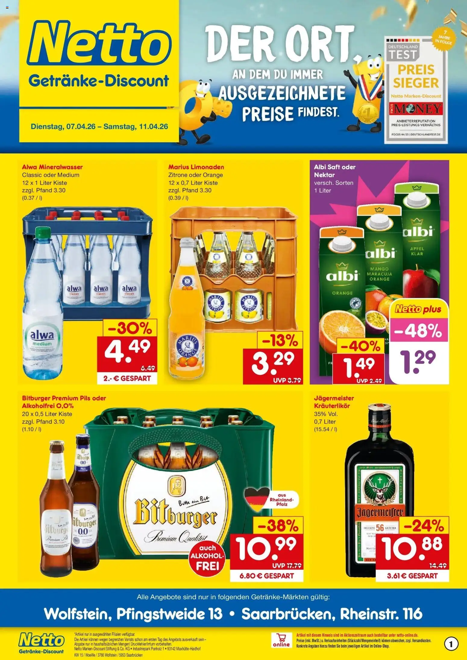 Netto Marken-Discount Prospekt Saarbrücken	 – gültig ab 07.04.2026 | Seite: 1 | Produkte: Bitburger, Mineralwasser, Jägermeister, Saft