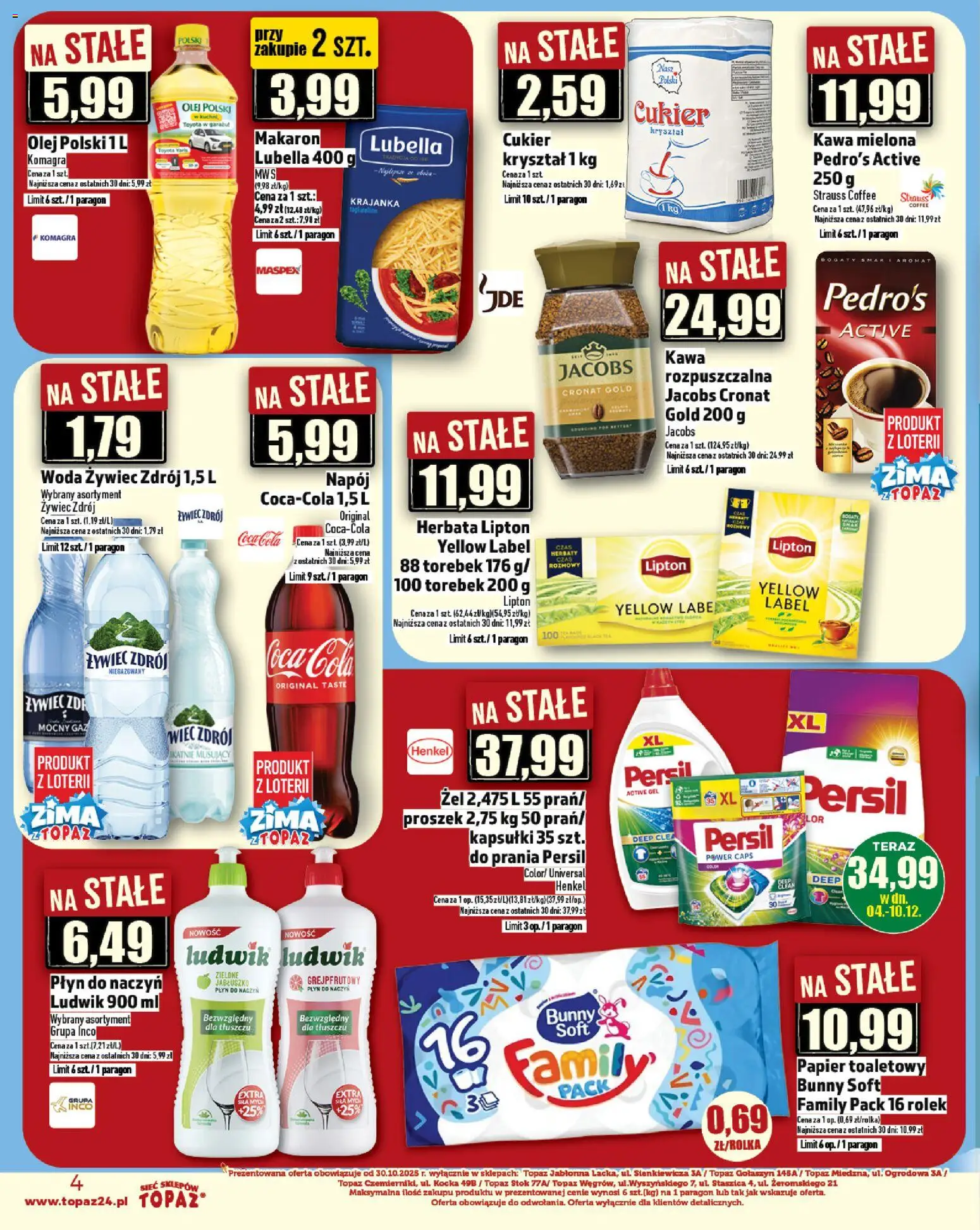 Topaz Gazetka - Ceny małe na stałe od 04.12.2025 | Strona: 4 | Produkty: Papier toaletowy, Kawa, Makaron, Woda