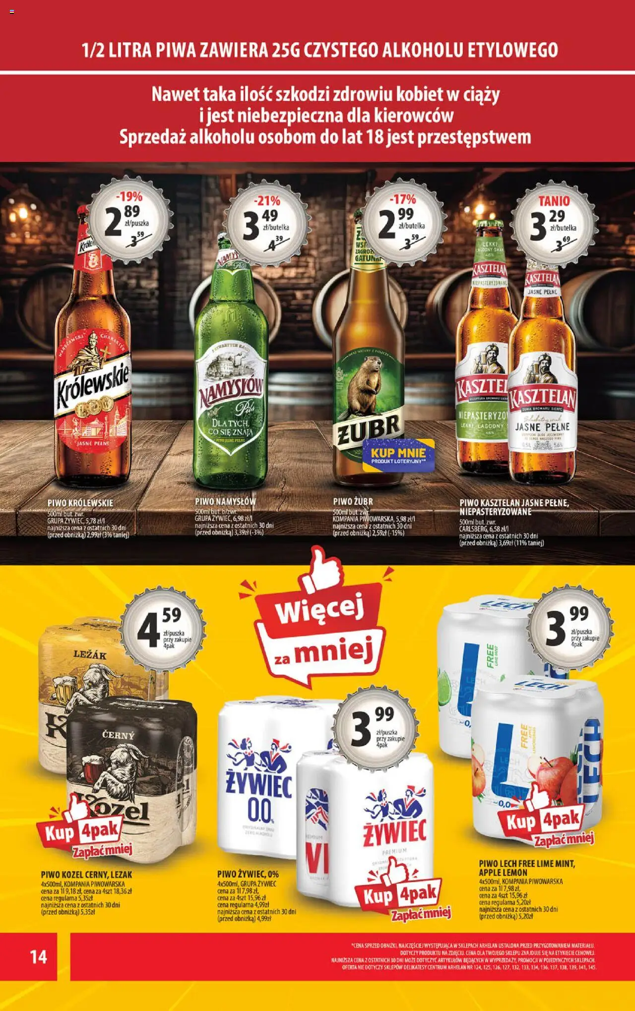 Arhelan Gazetka od 10.10.2025 | Strona: 14 | Produkty: Piwo żubr, Delikatesy, Piwo kozel, Piwo Namysłów