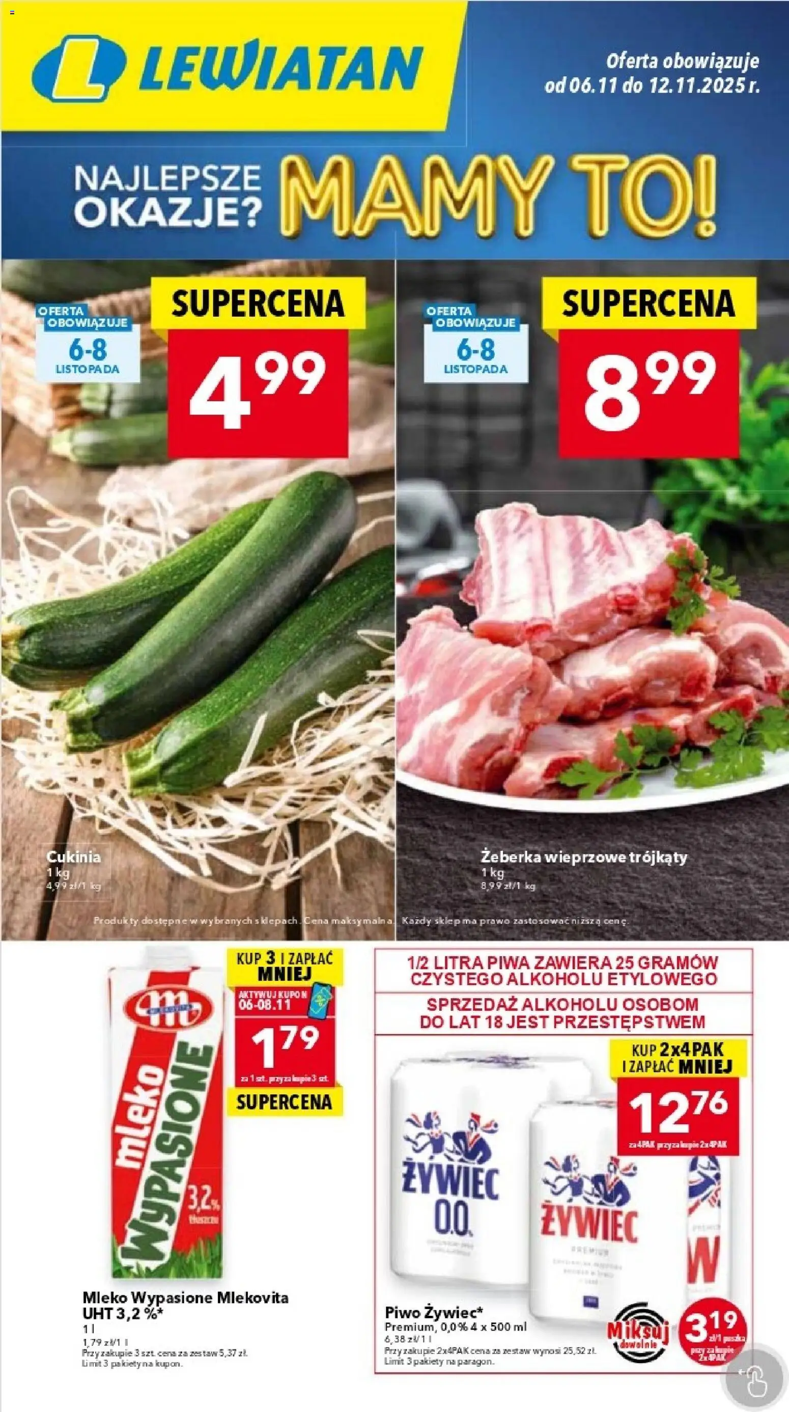 Lewiatan gazetka - Katowice od 06.11.2025 | Strona: 1 | Produkty: Mleko wypasione, Cukinia, Mleko, Piwo