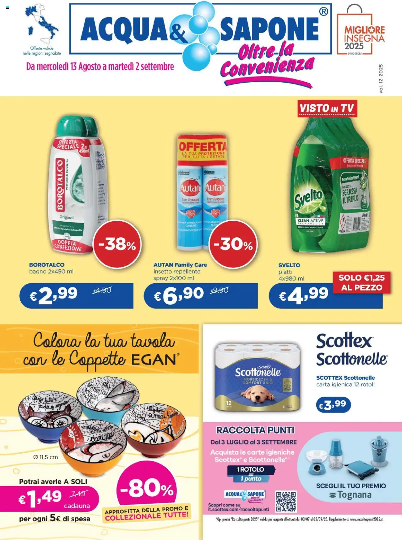 Volantino Acqua e Sapone del 13.08.2025 | Pagina: 1 | Prodotti: Carta igienica, Sapone, TV, Bagno