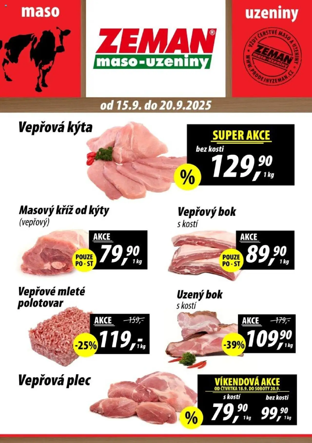 Prodejny Zeman leták - Kladno, Příbram, Votice od 15.09.2025 | Strana: 1 | Produkty: Vepřový bok, Uzeniny, Maso, Vepřová Kýta