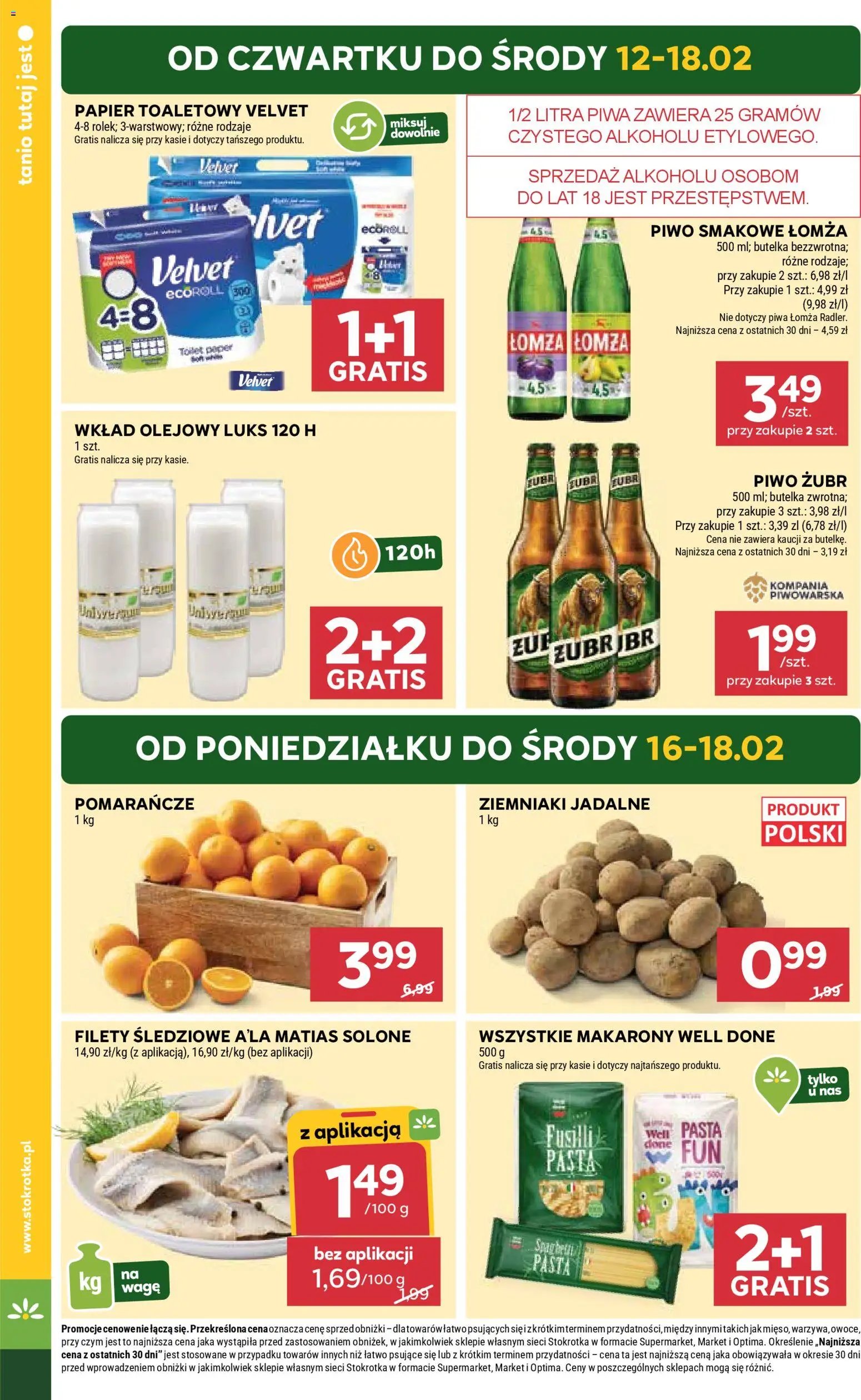 Stokrotka Gazetka od 12.02.2026 | Strona: 4 | Produkty: Piwo żubr, Papier toaletowy, Stokrotka, Pomarańcze