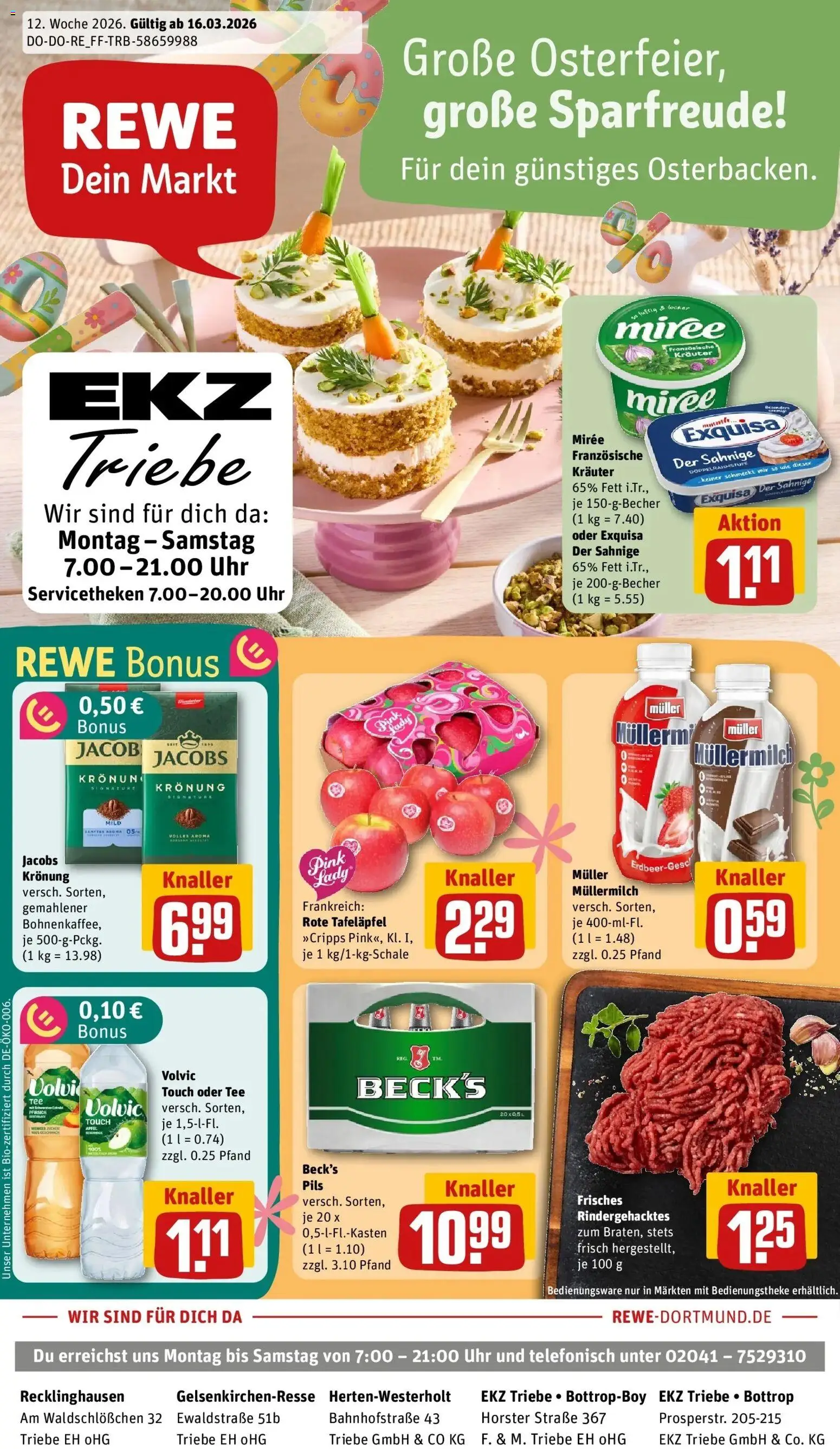 Rewe Prospekt Bottrop	 – gültig ab 15.03.2026 | Seite: 1 | Produkte: Äpfel, Müllermilch, Tee, Uhr