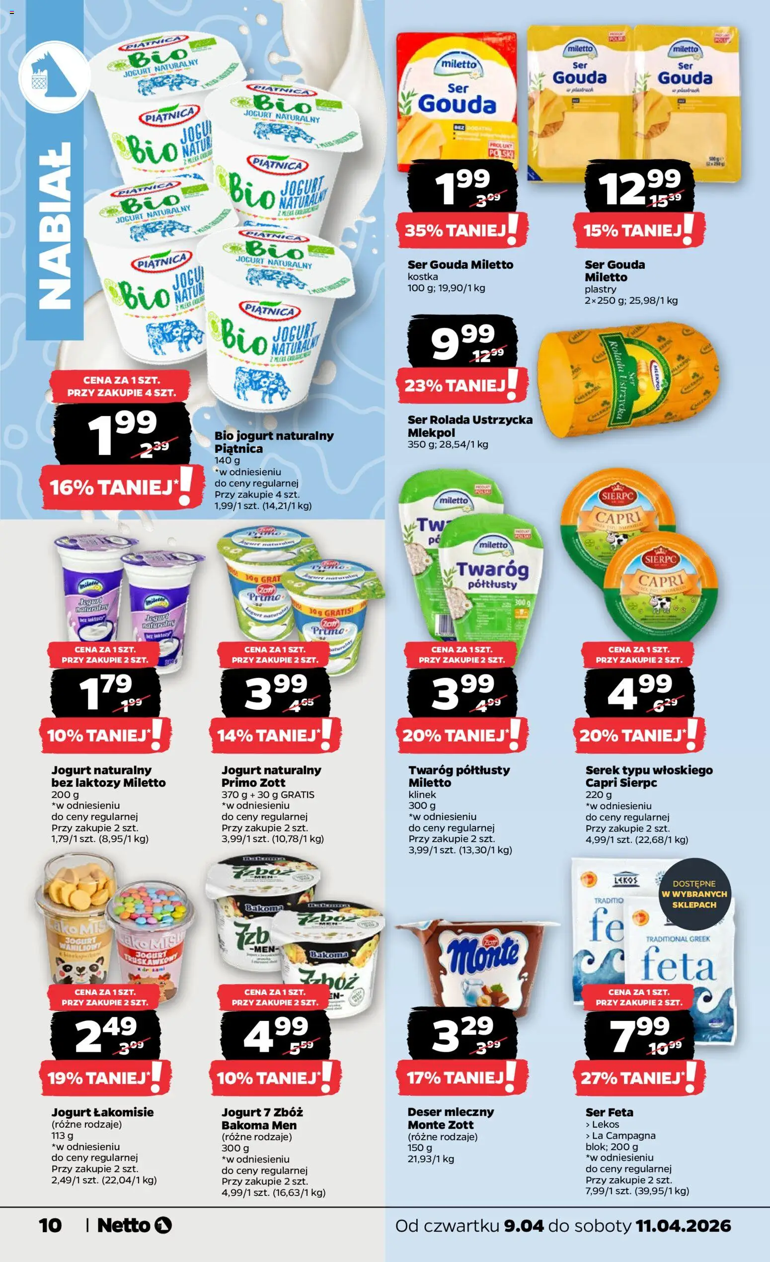 Netto gazetka od czwartku spożywcza od 09.04.2026 | Strona: 10 | Produkty: Bez laktozy, Jogurt, Ser feta, Ser gouda
