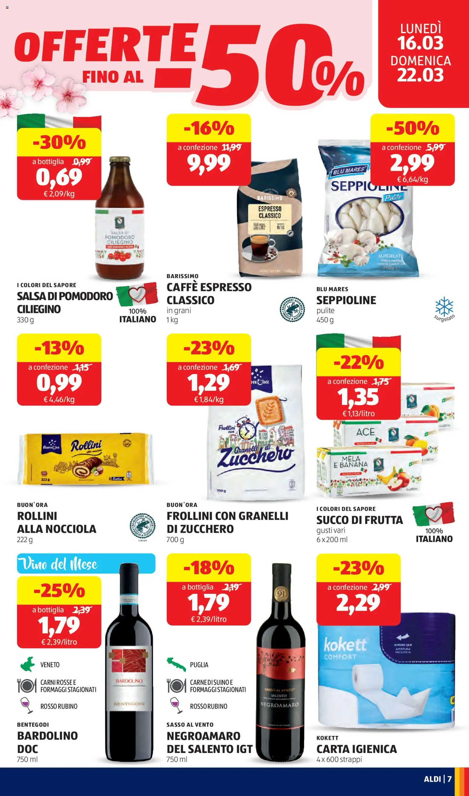 Volantino Aldi del 16.03.2026 | Pagina: 7 | Prodotti: Carta igienica, Frutta, Pomodoro, Succo di frutta