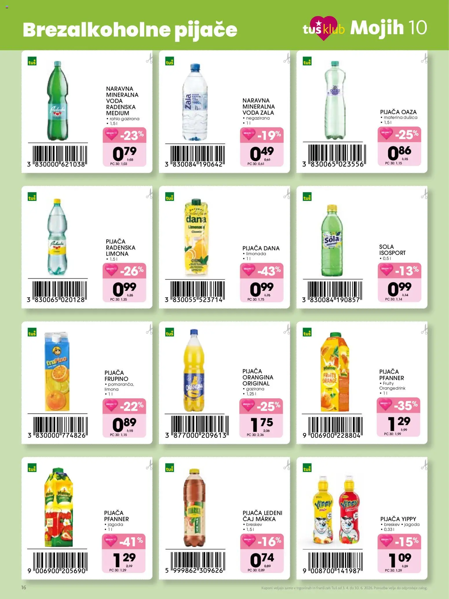 Novi Tuš katalog ponudbe – veljaven od 03.04.2026 | Stran: 16 | Izdelki: Mineralna voda, Caj, Voda, Limona