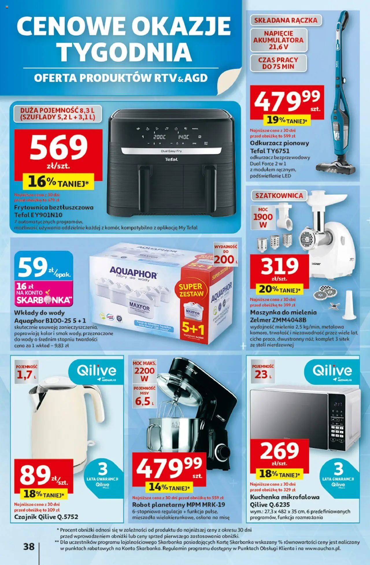 Auchan Gazetka - Pewność niskich cen Hipermarket od 07.08.2025 | Strona: 38 | Produkty: Kuchenka mikrofalowa, Czajnik, Odkurzacz, Tefal