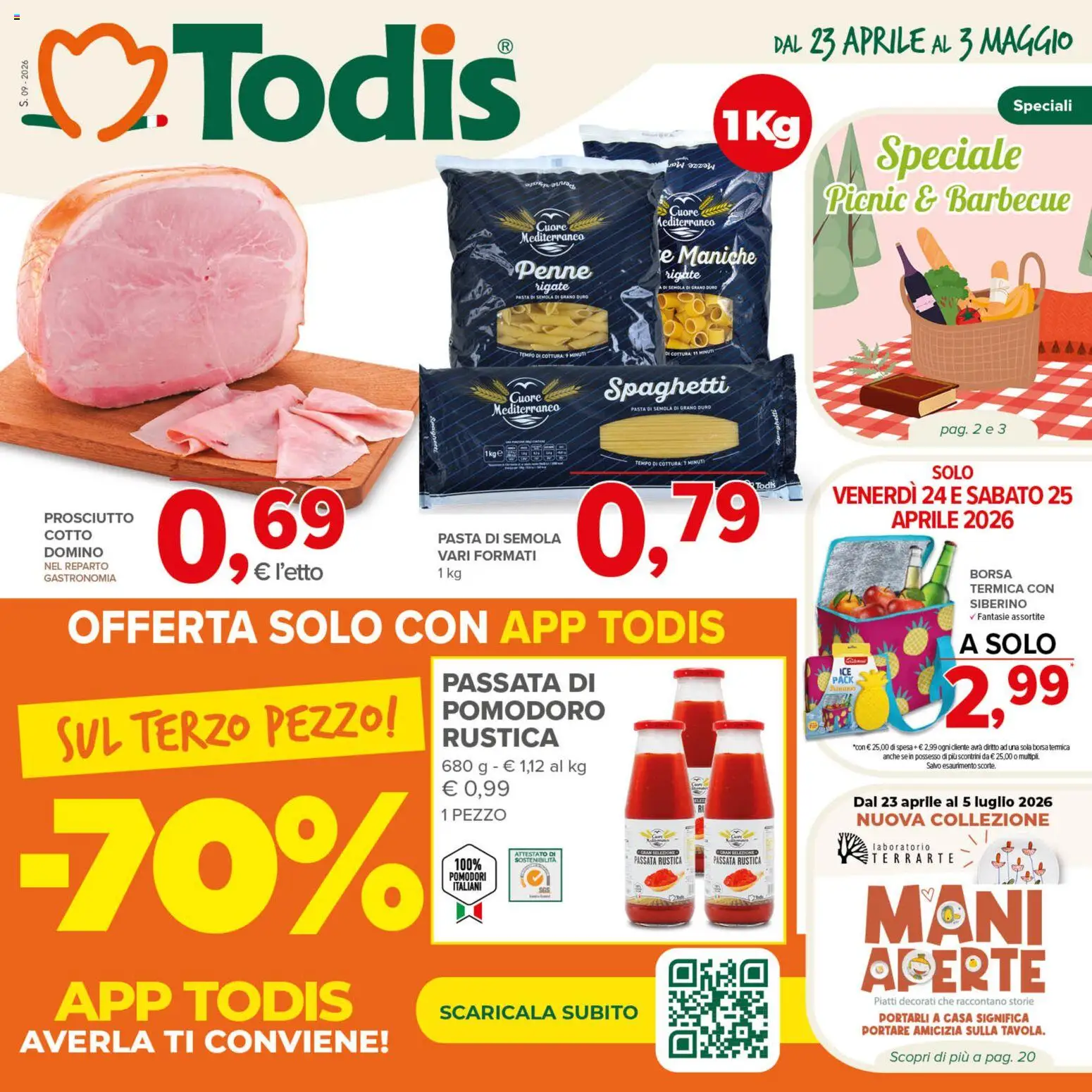 Volantino Todis del 23.04.2026 | Pagina: 1 | Prodotti: Barbecue, Pasta, Borsa termica, Penne