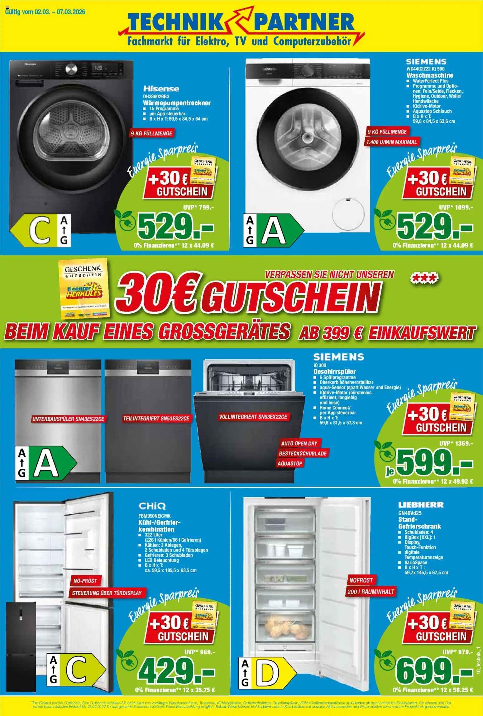 HERKULES Technik Partner – gültig ab 02.03.2026 | Seite: 1 | Produkte: Liebherr, Siemens, Geschirrspüler, Wasser