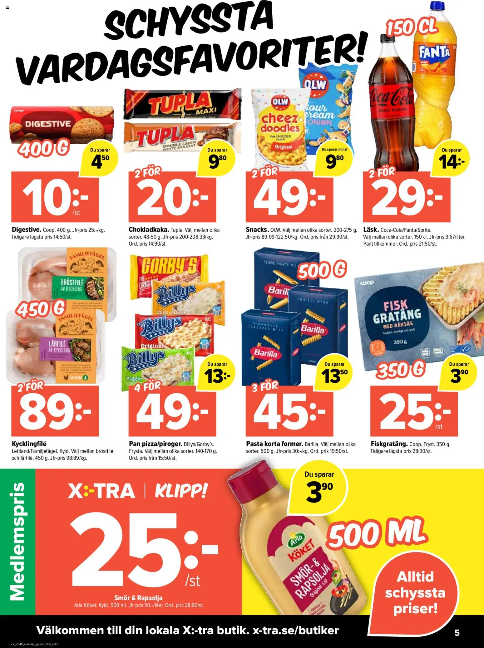 Coop X:-TRA reklamblad aktuell från 24.11.2025 | Sida: 5 | Produkter: Kycklingfile, Fanta, Rapsolja, Pasta