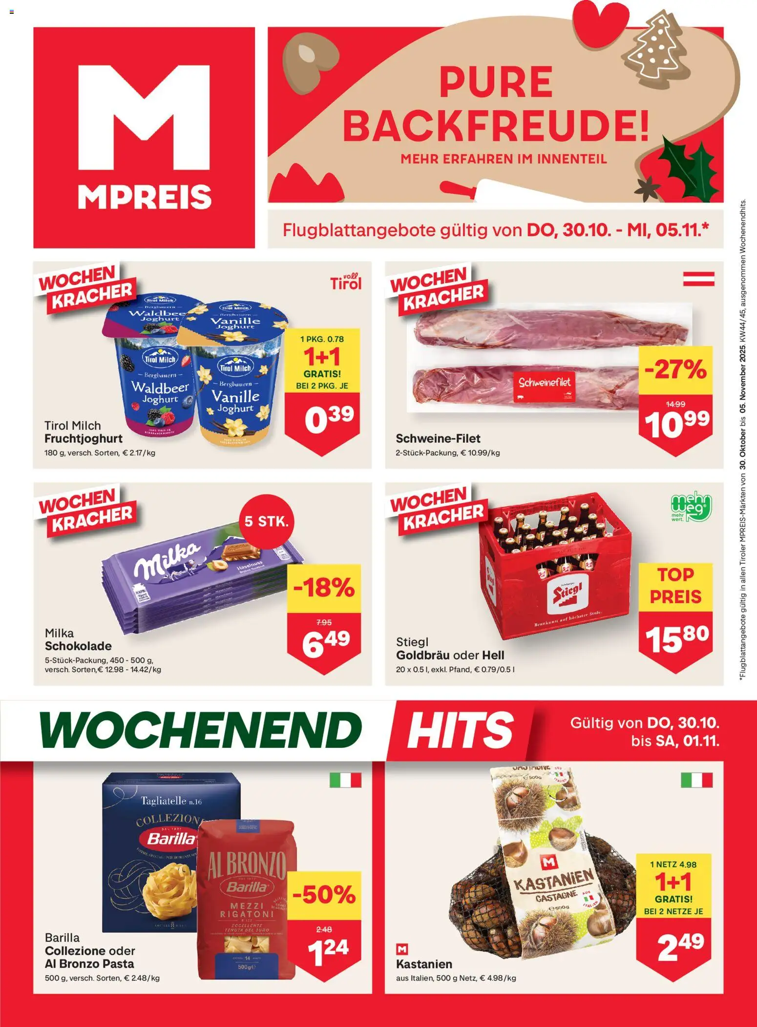 MPREIS Flugblatt gültig ab 30.10.2025 | Seite: 1 | Produkte: Pasta, Milch, Joghurt, Schokolade