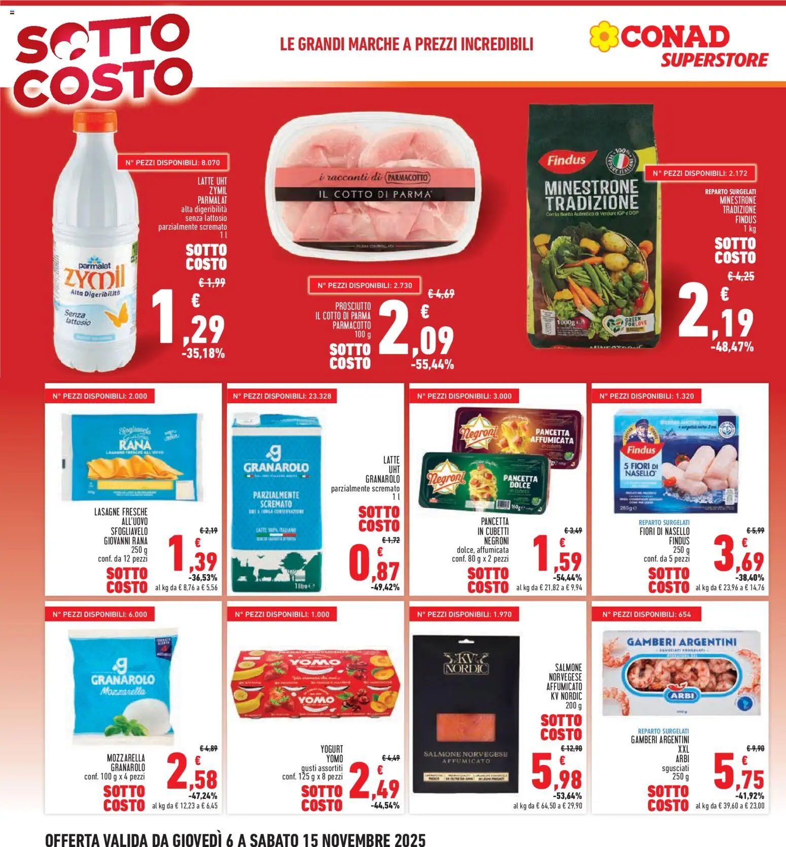 Volantino Conad del 06.11.2025 | Pagina: 2 | Prodotti: Salmone, Pancetta, Latte, Nasello