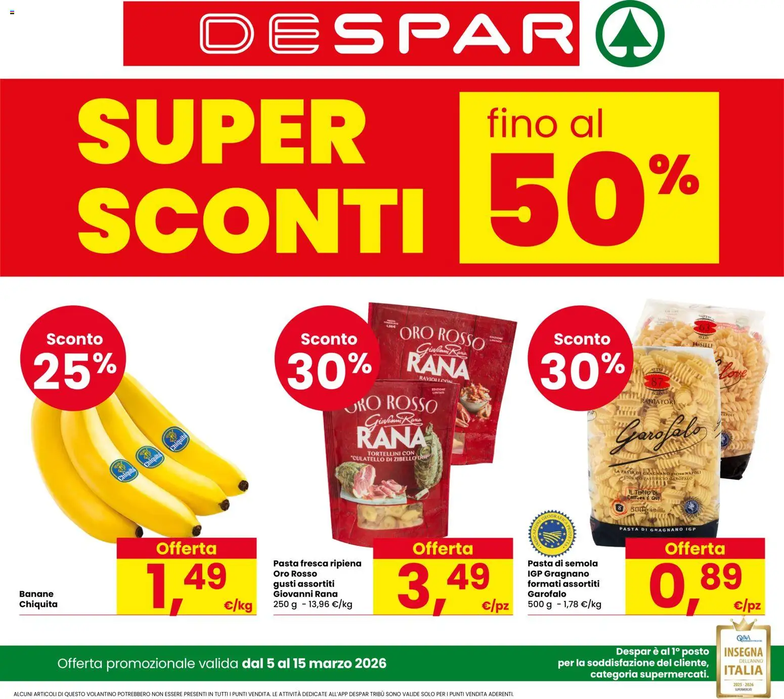 Volantino Despar del 05.03.2026 | Pagina: 1 | Prodotti: Banane, Pasta, Fusilli, Ravioli