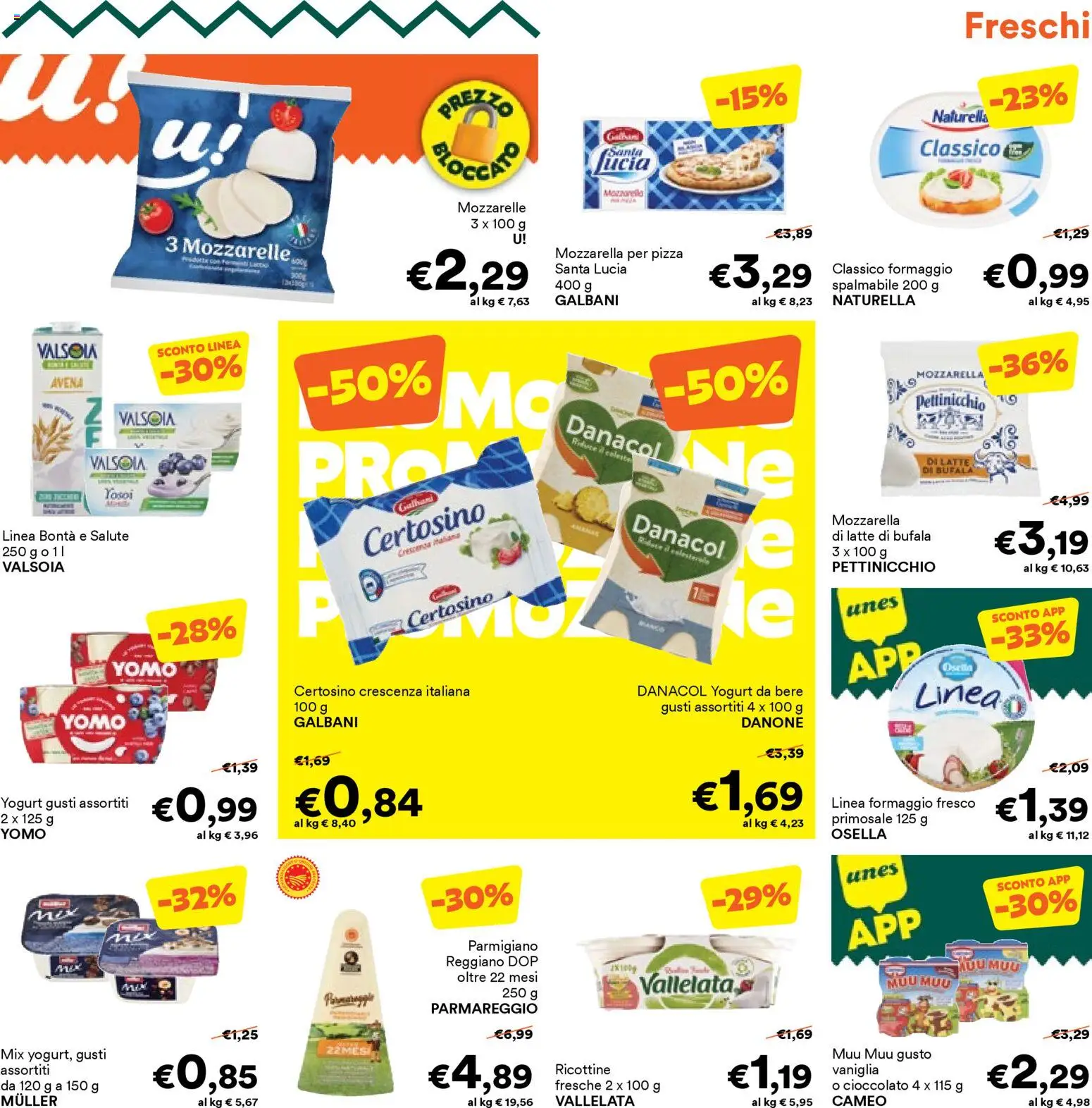 Volantino Unes del 16.02.2026 | Pagina: 5 | Prodotti: Yogurt, Pizza, Mozzarella, Parmigiano reggiano