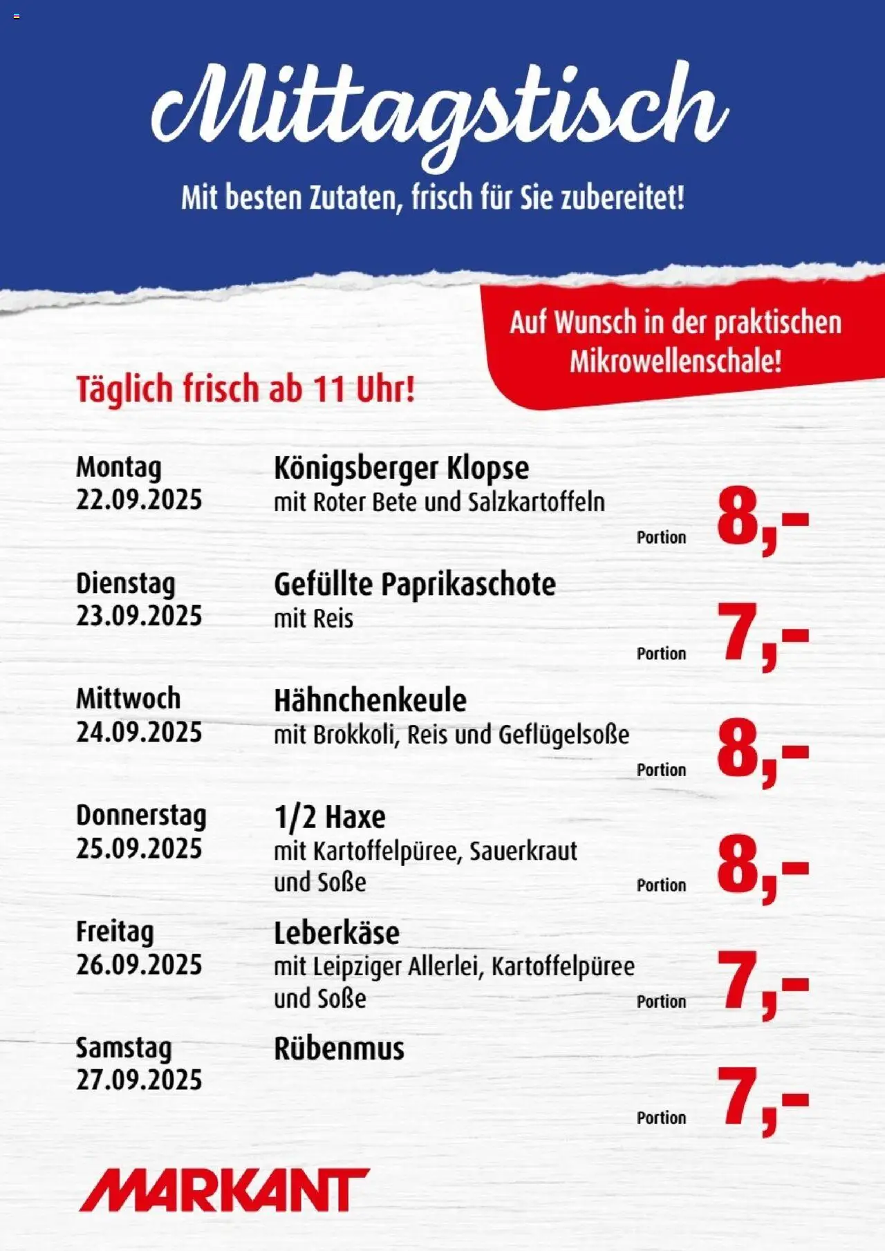 Markant Mittagstisch – gültig ab 22.09.2025 | Seite: 1 | Produkte: Soße, Reis, Uhr, Leberkase