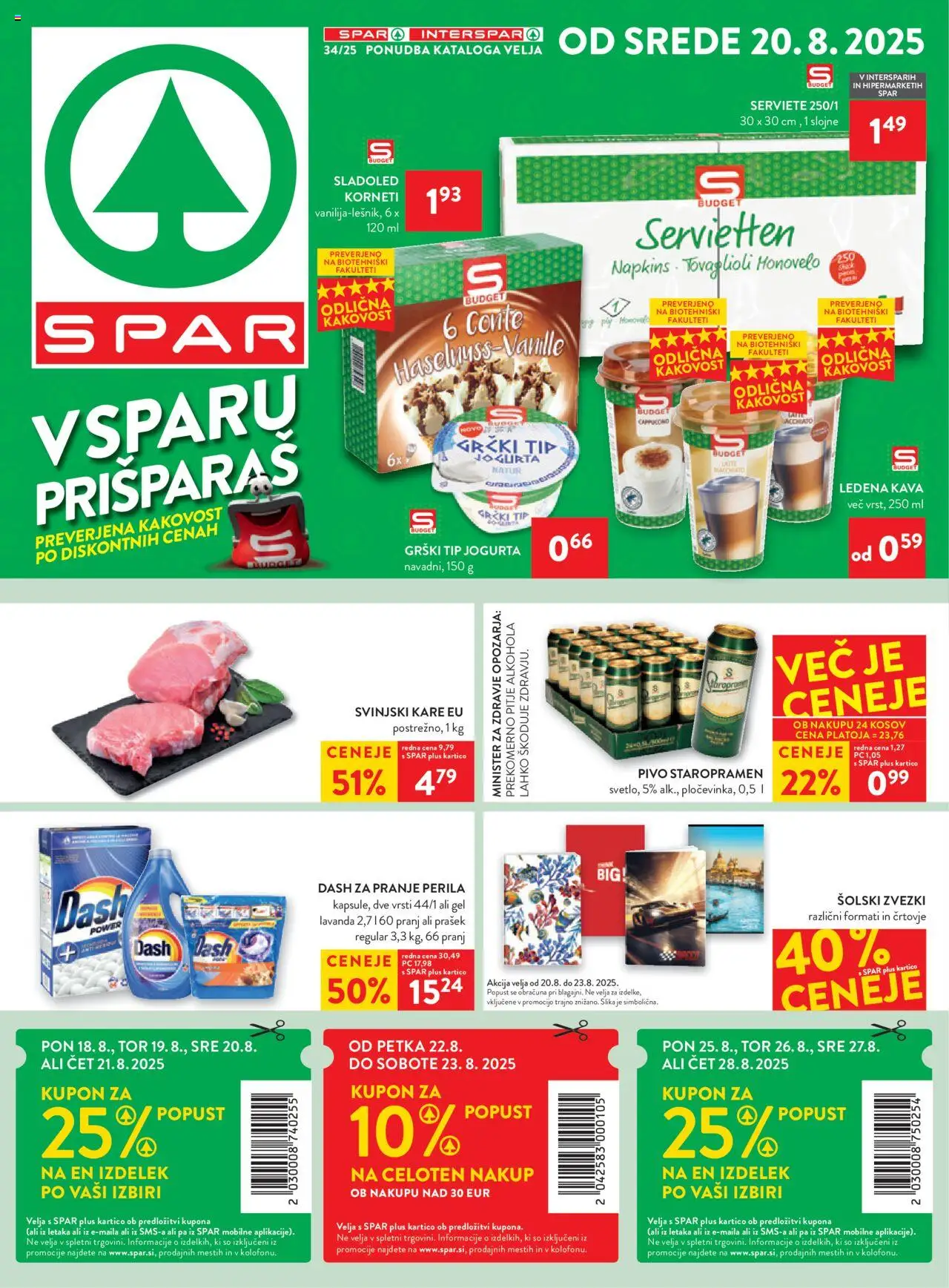 Spar katalog 34/25 │ velja od 20.08.2025 | Stran: 1 | Izdelki: Prašek, Kava, Pivo, Sladoled
