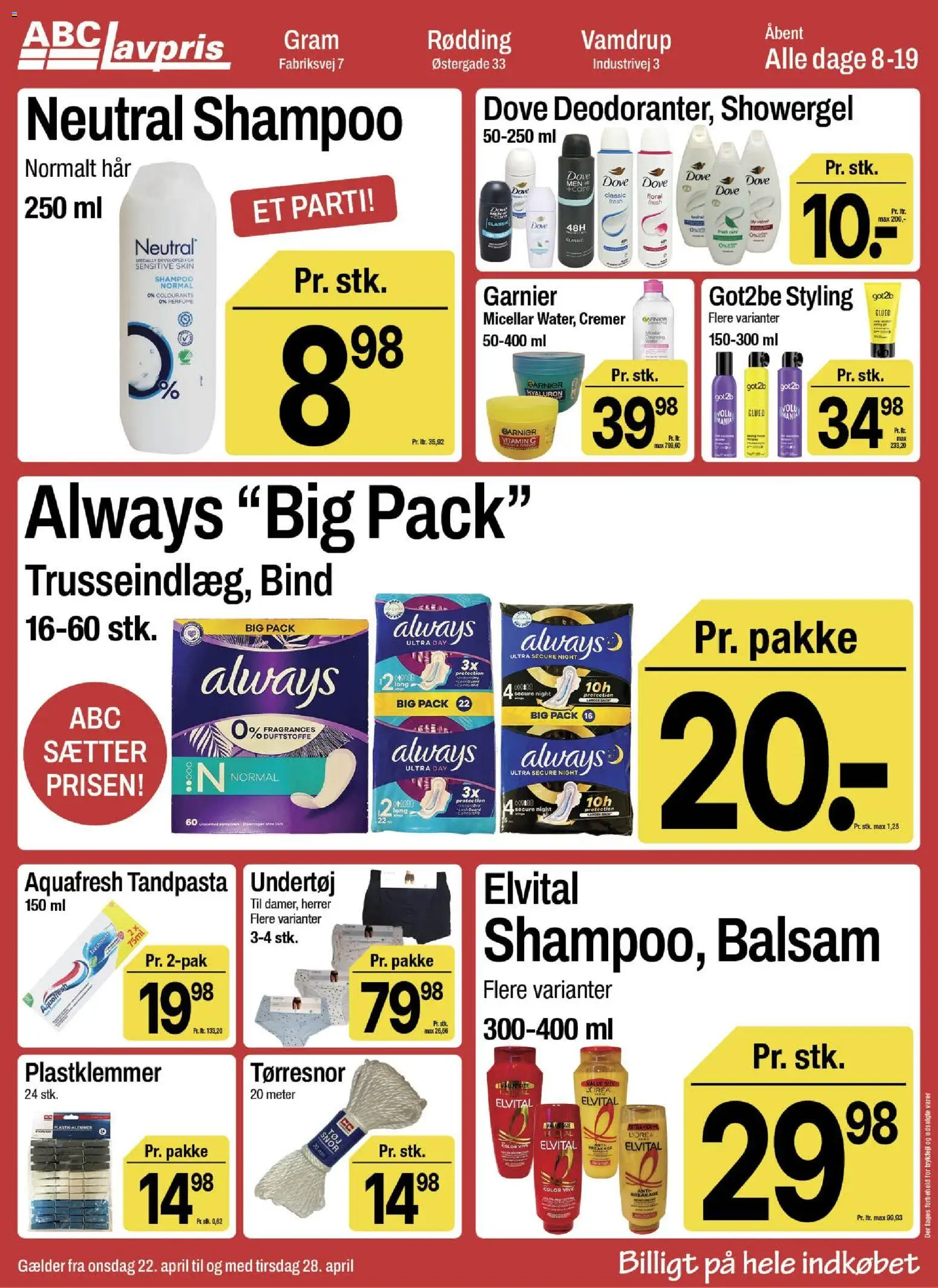 Abc Lavpris tilbudsavis – gyldig fra 22.04.2026 | Side: 11 | Produkter: Shampoo, Balsam, Tandpasta, Undertøj