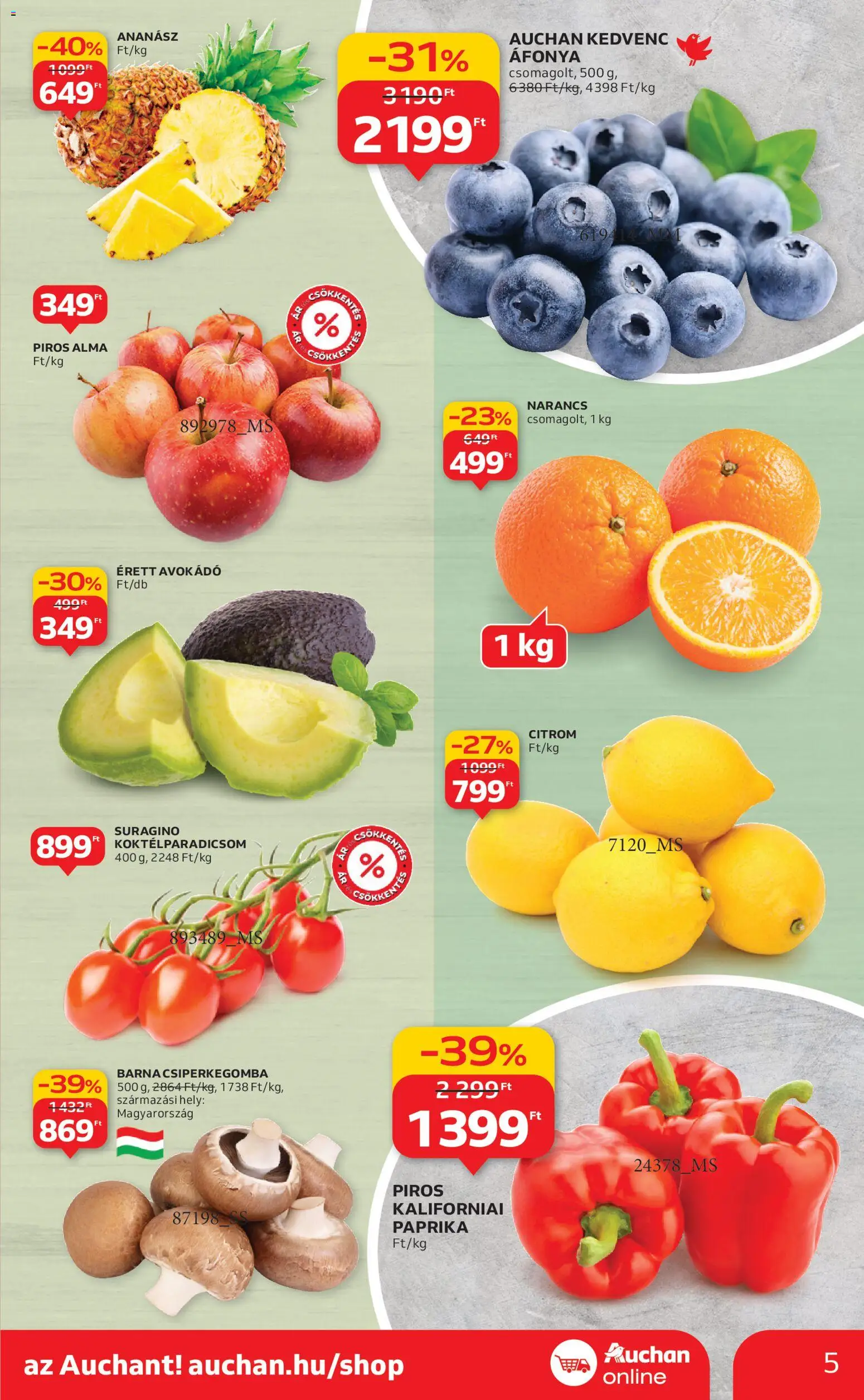Auchan akciós ujság - amely érvényes a következő dátumtól: 11.12.2025 | Oldal: 5 | Termékek: Csiperkegomba, Koktélparadicsom, Alma, Kaliforniai paprika