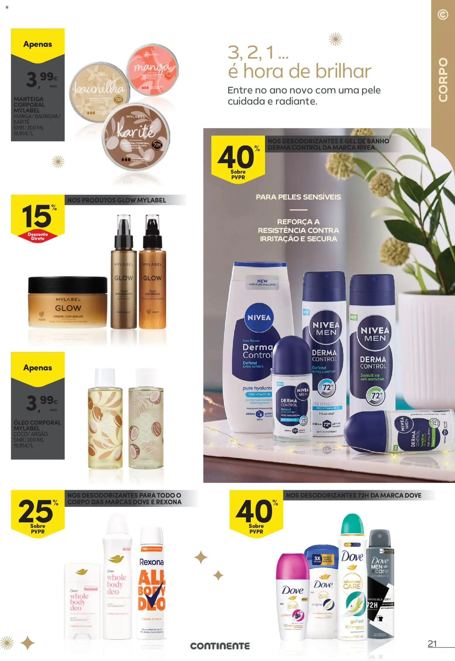 Continente - Festeje o Ano em beleza │ válido de 09.12.2025 | Página: 21 | Produtos: Bronzeador, Gel de banho, Banho, Óleo