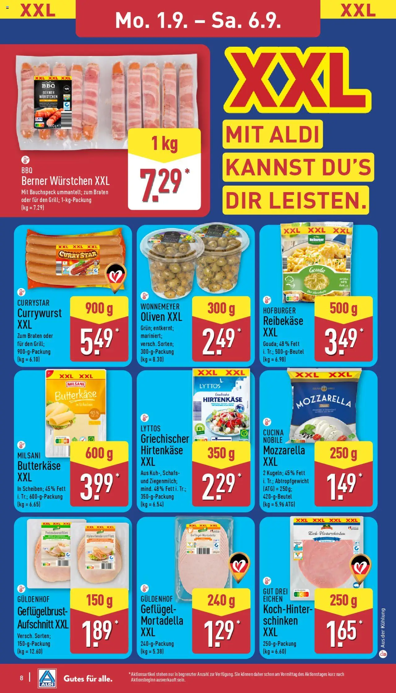 Aldi Prospekt 	 - gültig ab dem 01.09.2025 | Seite: 8 | Produkte: Mozzarella, Gouda, Schinken, Reibekase