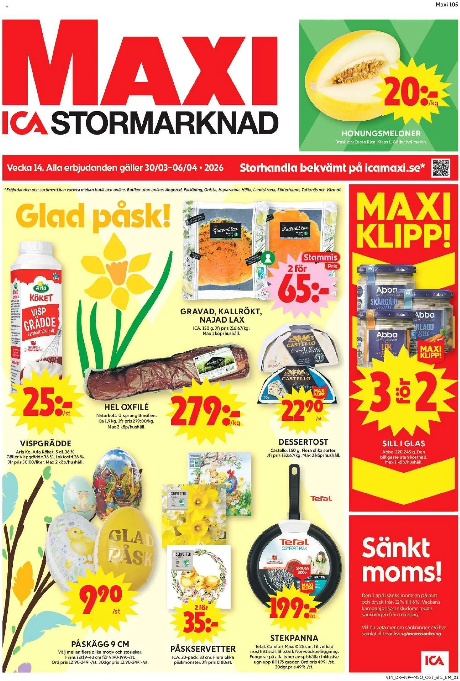ICA Maxi reklamblad aktuell från 30.03.2026 | Sida: 1 | Produkter: Visp, Lax, Glass, Stekpanna