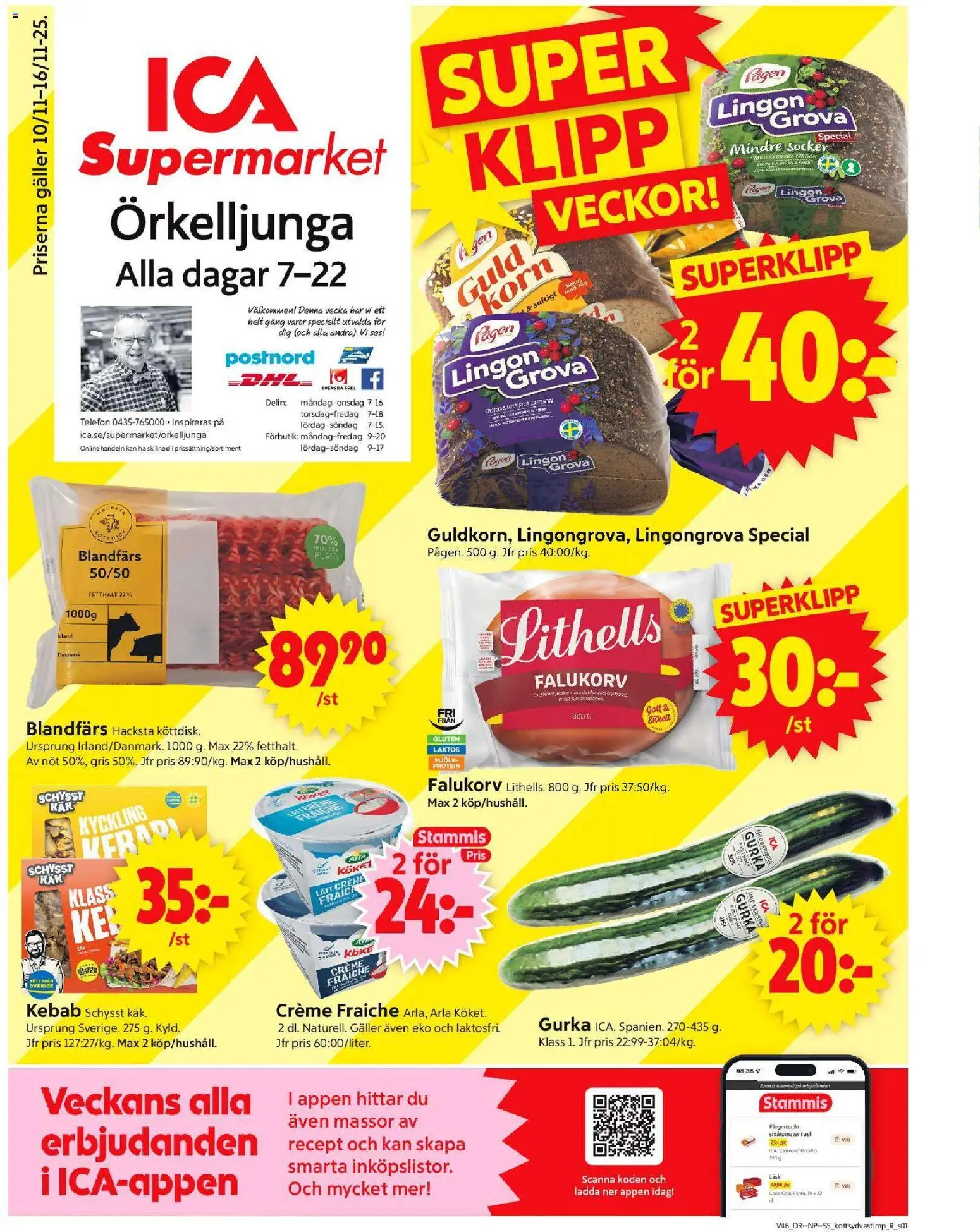 ICA Supermarket reklamblad aktuell från 10.11.2025 | Sida: 1 | Produkter: Lingongrova, Falukorv, Mjölk, Spel