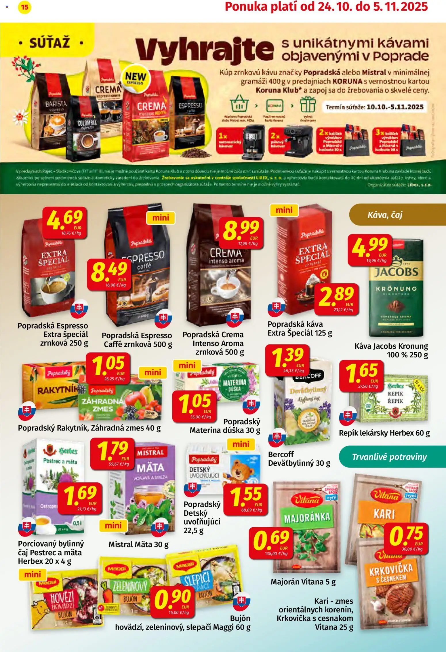 Nové Koruna akcie – leták je platný od 24.10.2025 | Strana: 15 | Produkty: Káva, Bujón, Jacobs Krönung, Majorán