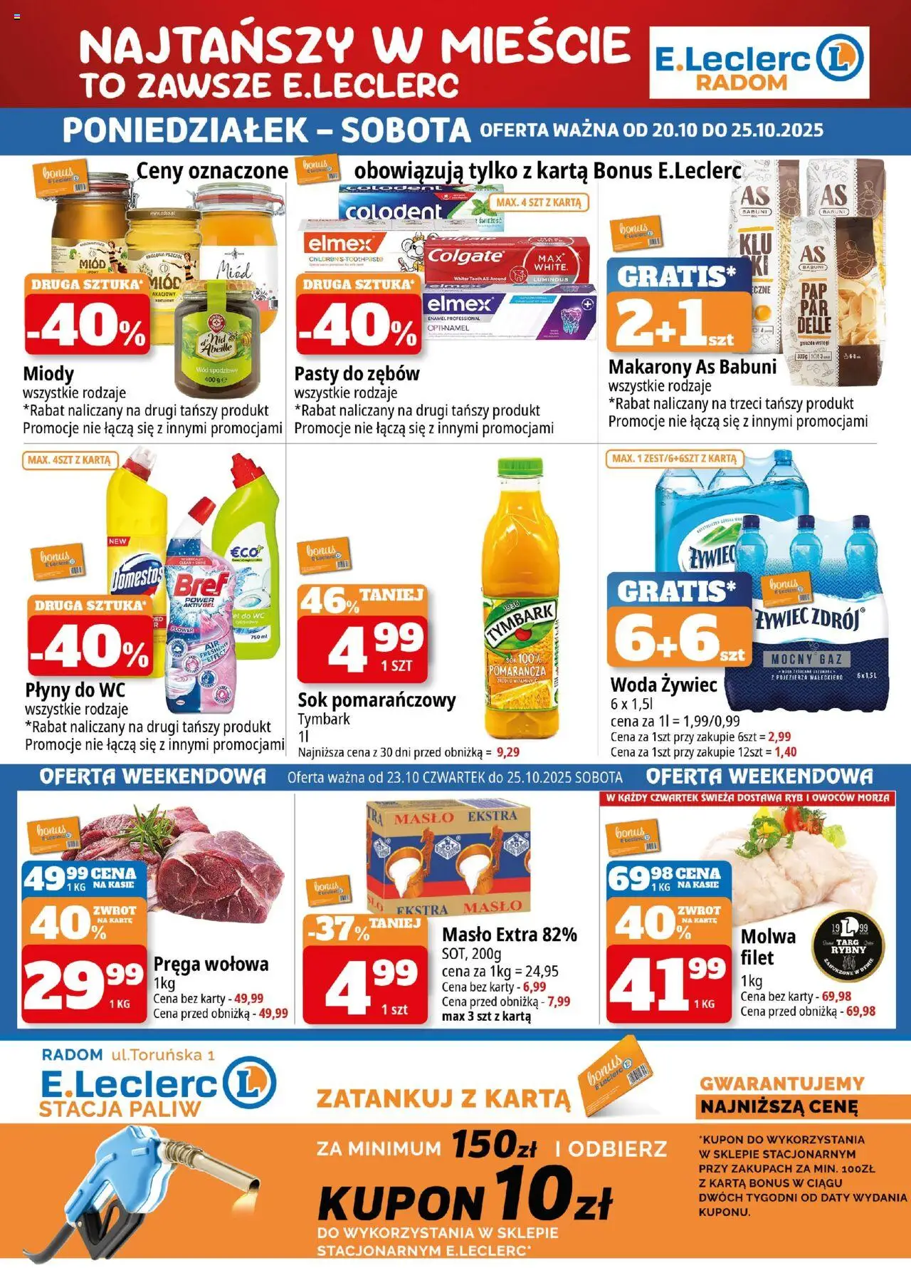 E.Leclerc Gazetka - Radom od 20.10.2025 | Strona: 1 | Produkty: Karta, Miód, Domestos, Woda