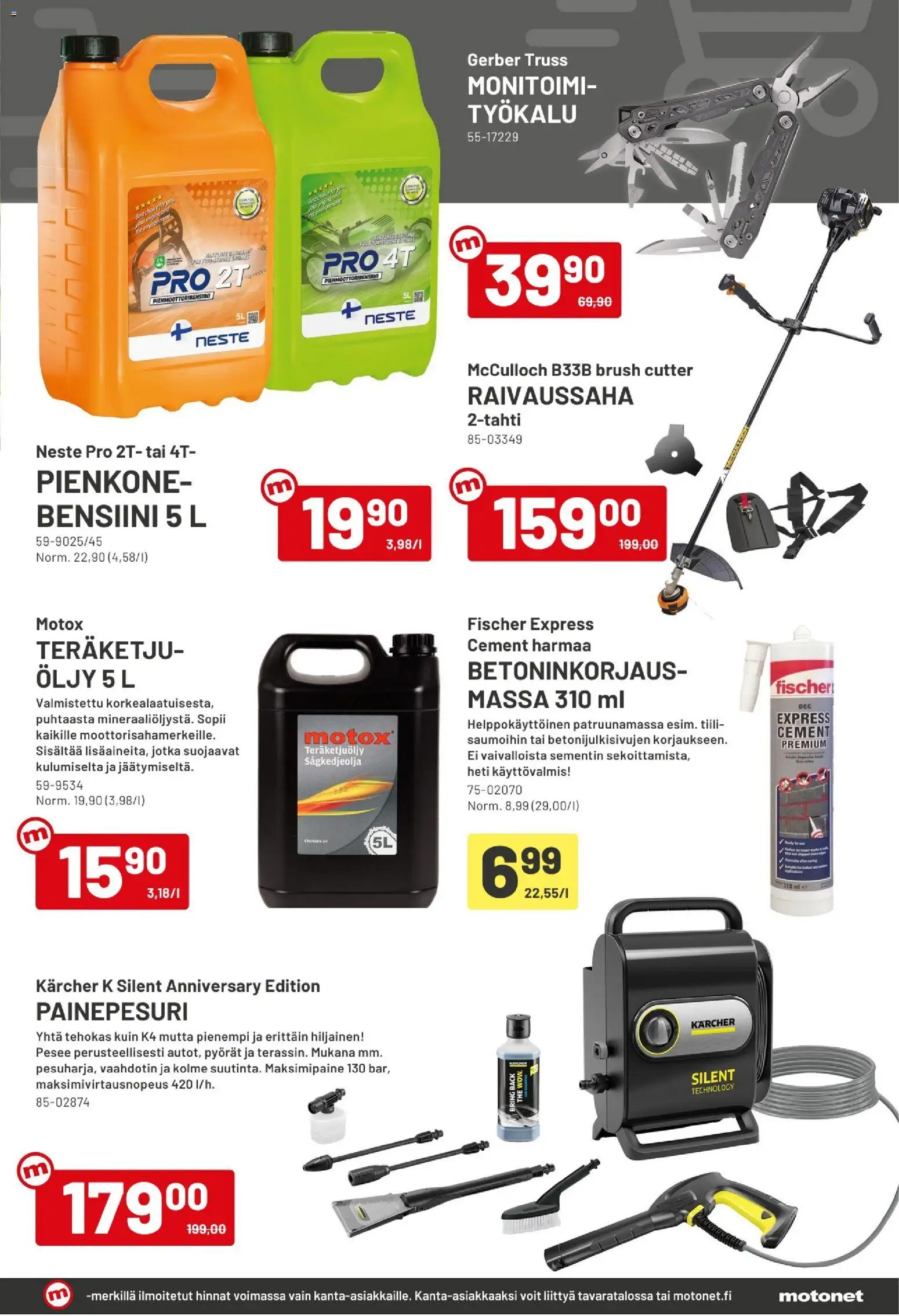 Motonet tarjoukset – voimassa 22.04.2026 alkaen | Sivu: 9 | Tuotteet: Raivaussaha, Painepesuri, Öljy