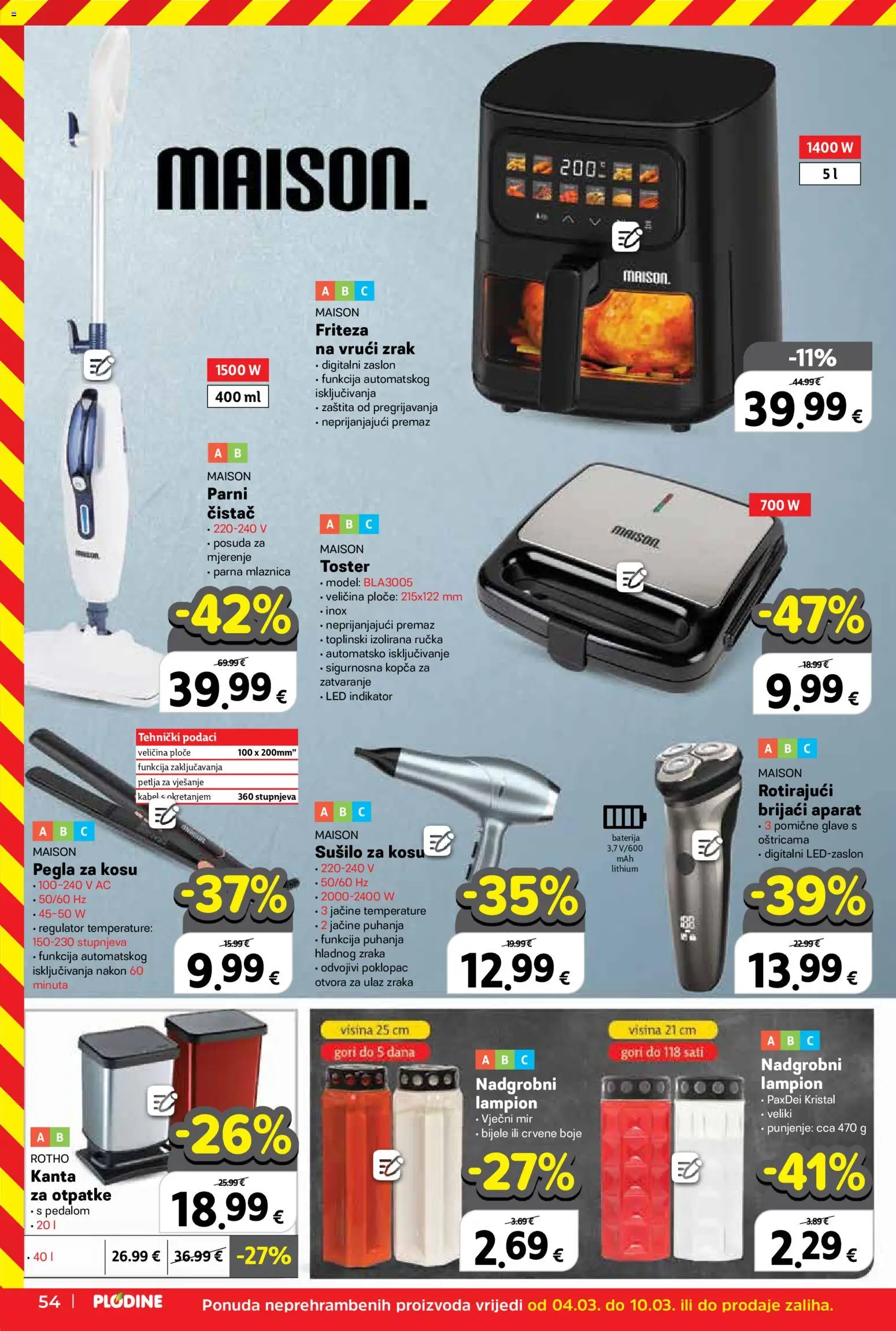 Plodine katalog | vrijedi od 04.03.2026 | Stranica: 54 | Proizvodi: Pegla, Brijaći aparat, Parni čistač, Friteza na vrući zrak