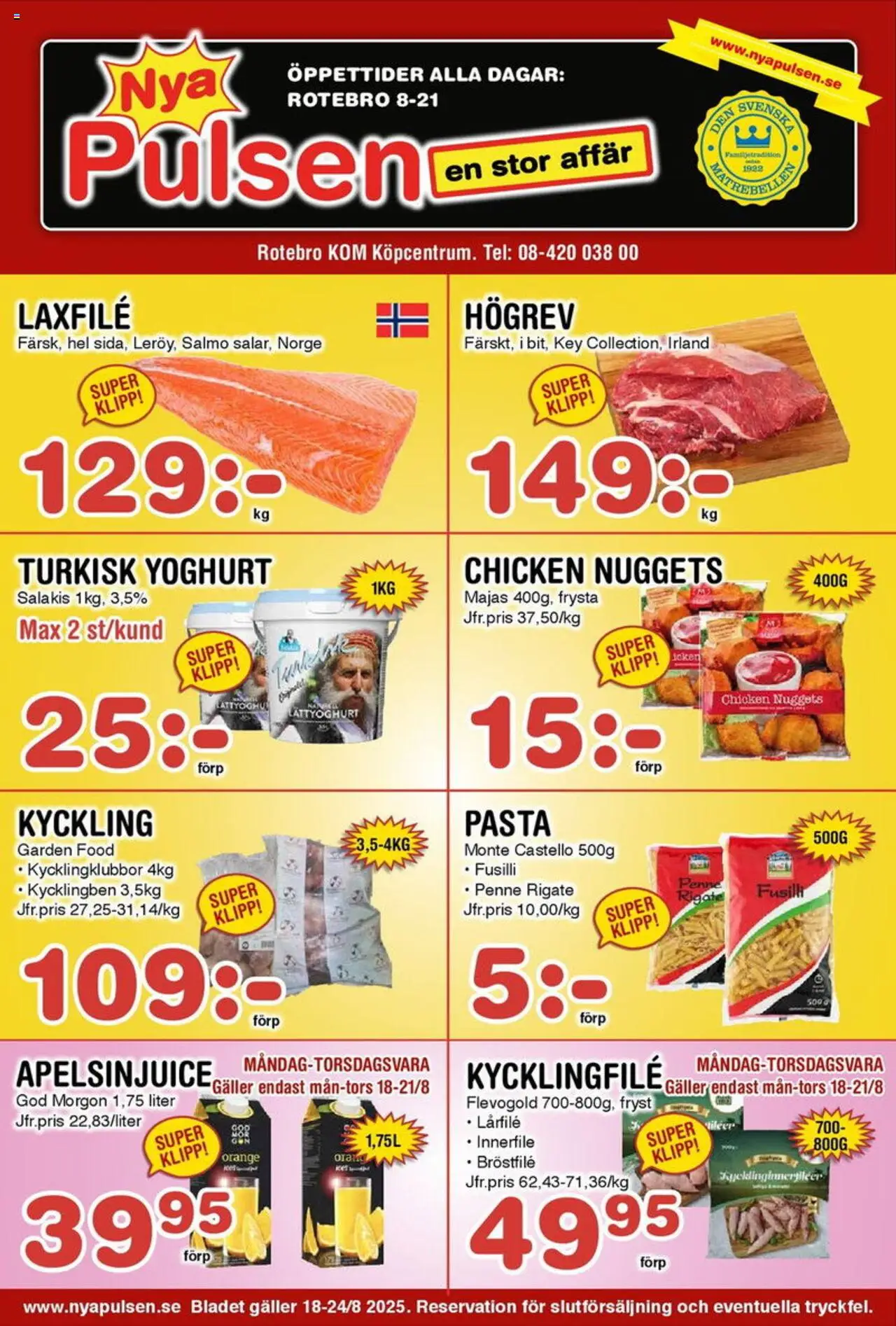Nya Pulsen reklamblad aktuell från 18.08.2025 | Sida: 1 | Produkter: Kycklingfile, Galler, Yoghurt, Pasta