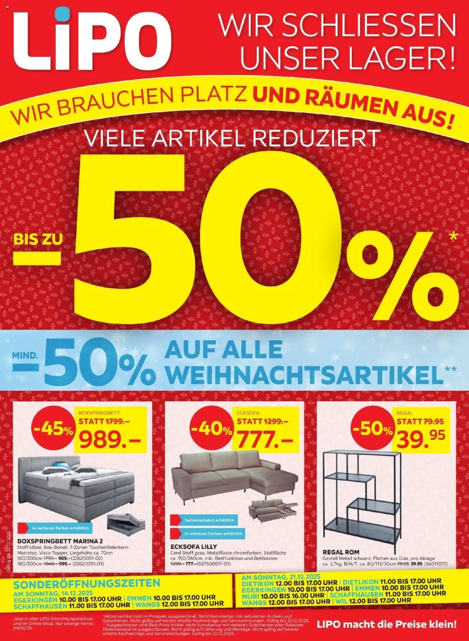 Lipo Aktionen -50% – gültig ab 09.12.2025 | Seite: 1 | Produkte: Regal, Uhr, Boxspringbett, Ecksofa