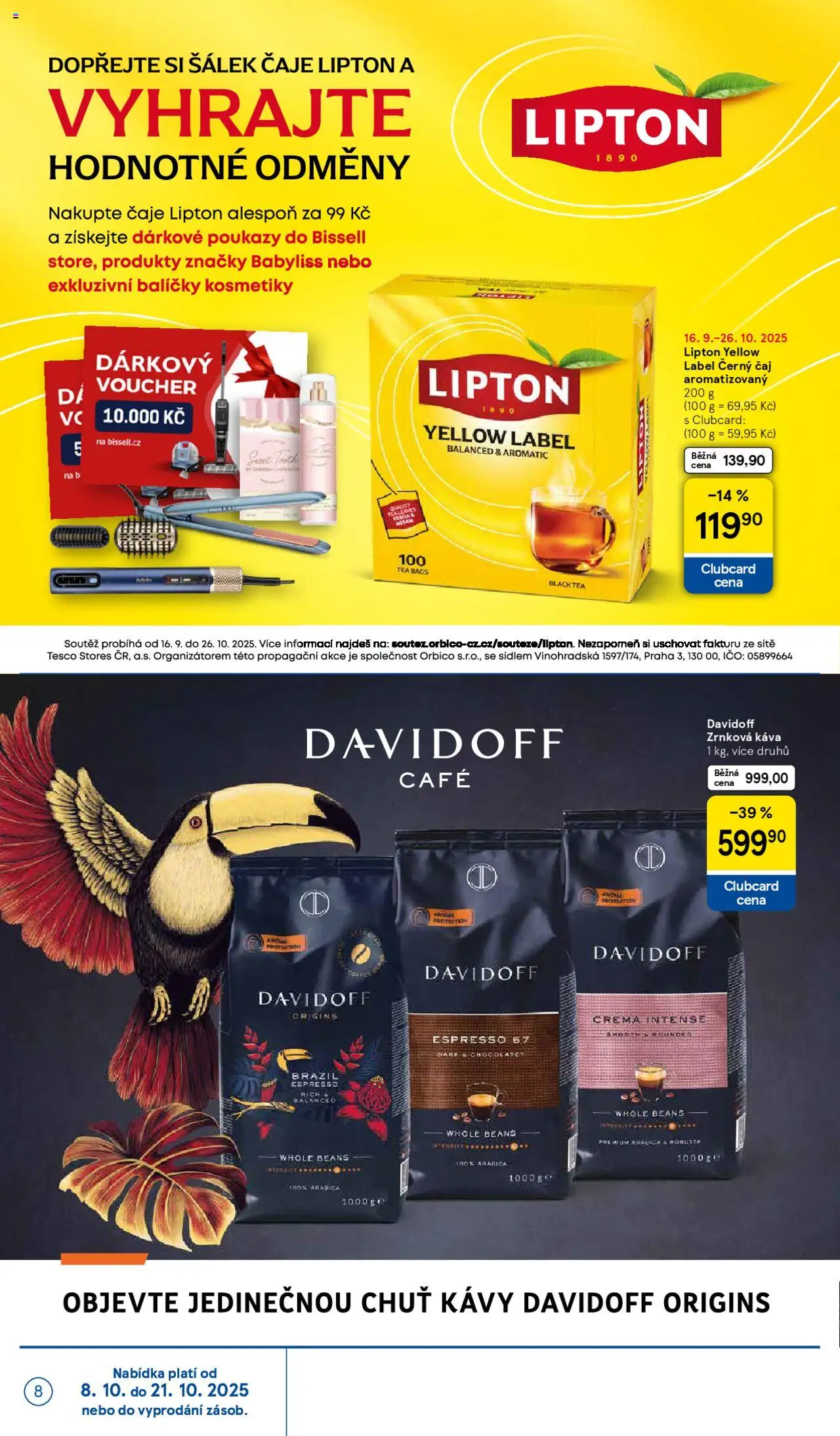 Tesco leták - Hypermarket od 08.10.2025 | Strana: 8 | Produkty: Čaj, Šálek, Káva davidoff, Zrnková káva