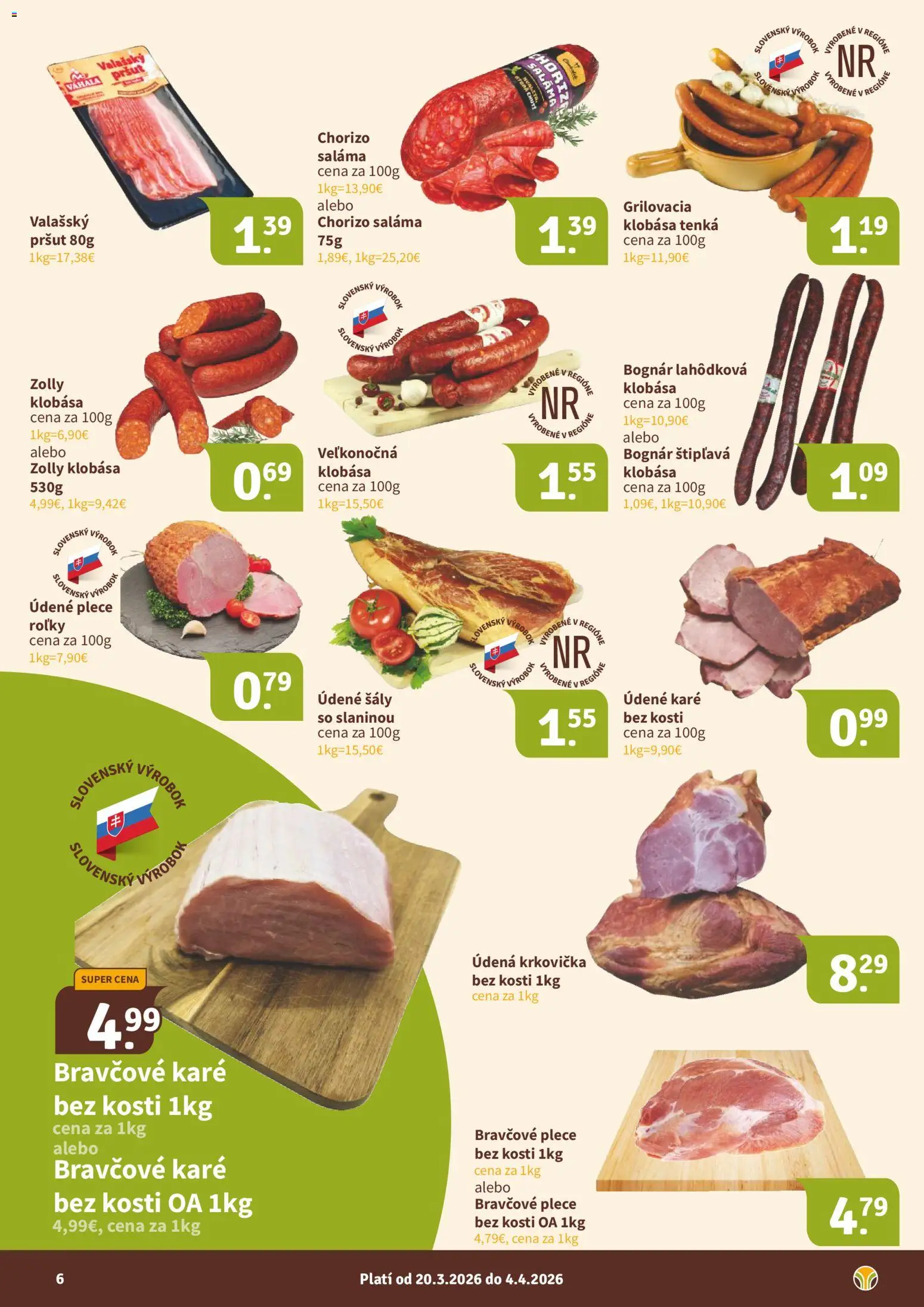 Nové Nitrazdroj akcie – leták je platný od 18.03.2026 | Strana: 6 | Produkty: Saláma, Klobása, Bravčové plece, Bravčové karé