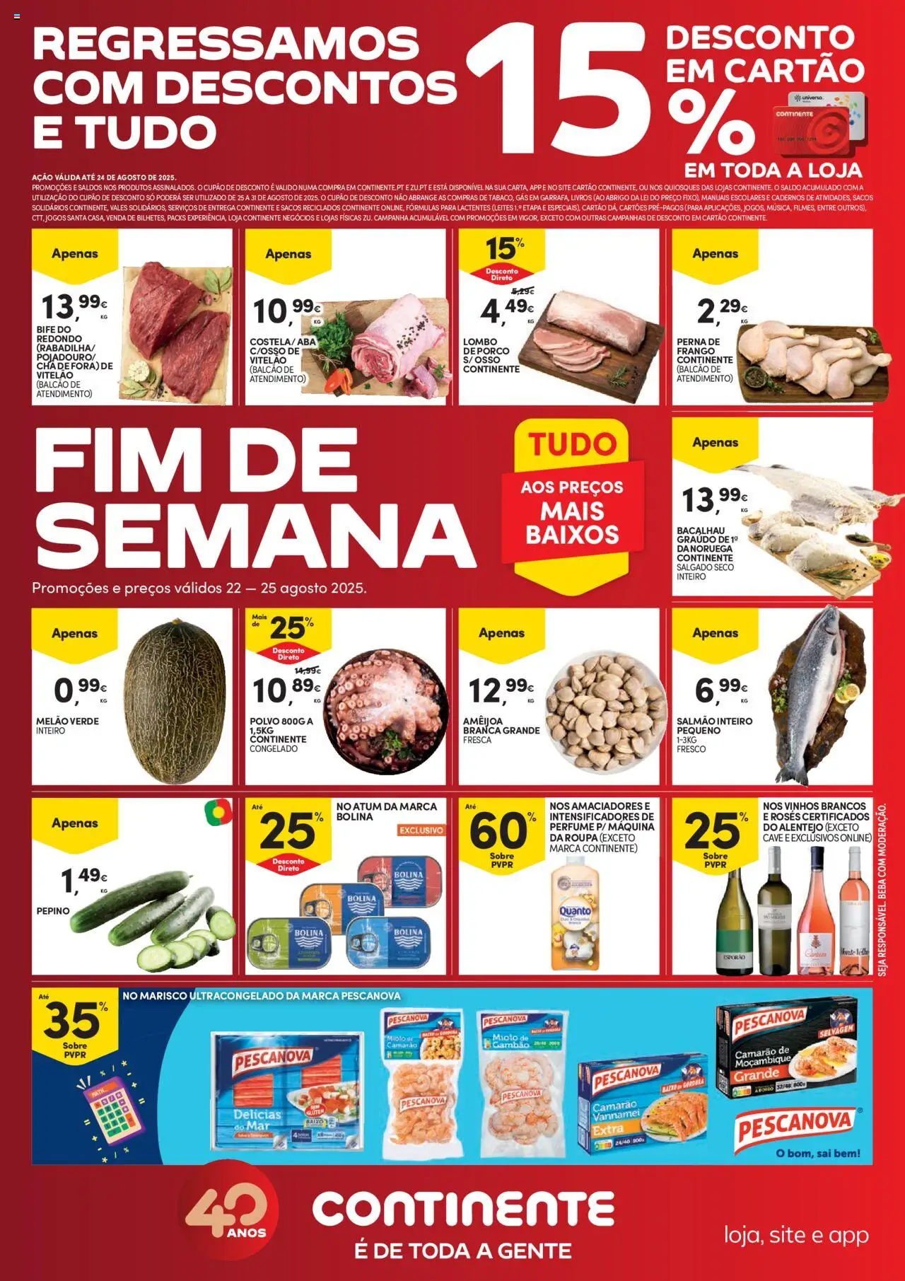 Continente Fim de Semana │ válido de 22.08.2025 | Página: 1 | Produtos: Atum, Frango, Perfume, Camarão