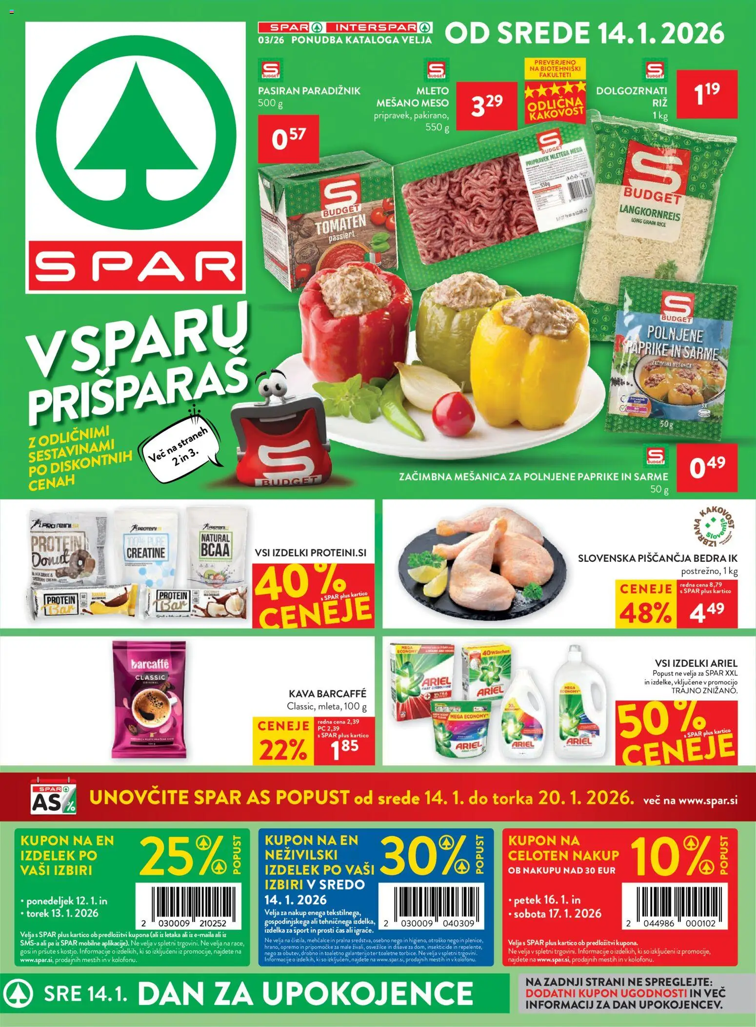 Novi Spar katalog ponudbe – veljaven od 14.01.2026 | Stran: 1 | Izdelki: Piščančja bedra, Kava, Paradiznik
