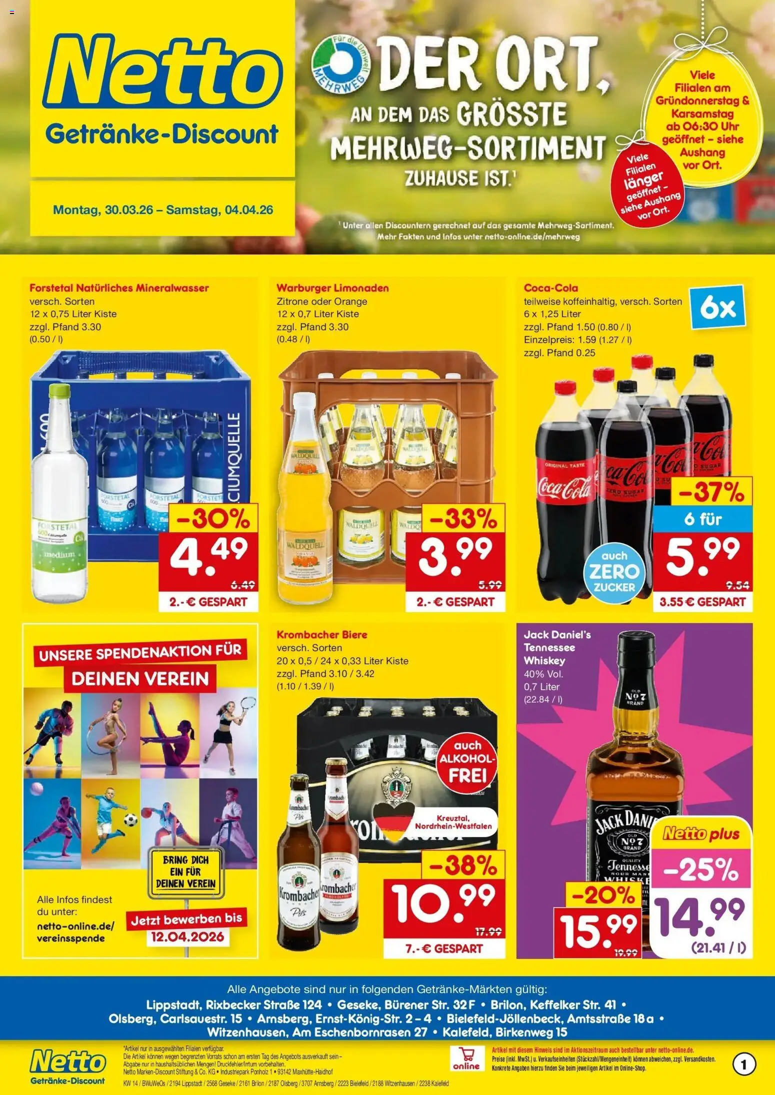Netto Marken-Discount Prospekt Kalefeld	 – gültig ab 30.03.2026 | Seite: 1 | Produkte: Coca cola, Zucker, Whiskey, Uhr